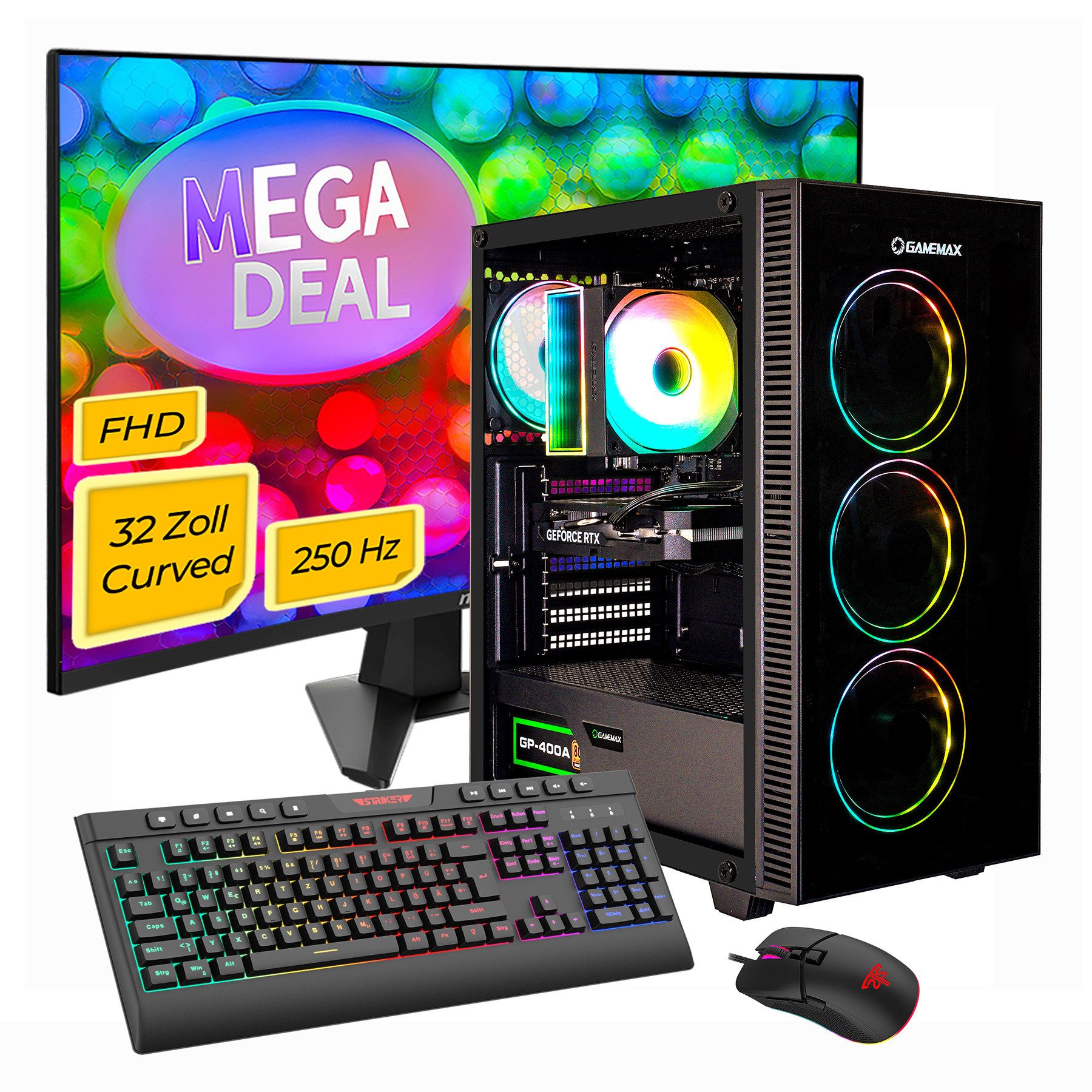 GAMEMAX MegaDeal Draco XD 2694 AMD Ryzen 5 5500 RTX 5060 16GB 1TB SSD Gaming-PC-Komplettsystem (32", AMD Ryzen 5 5500, RTX 5060, 16 GB RAM, 1000 GB SSD, Windows 11 + MSI MAG 32C6X Curved Monitor, 80cm (32)