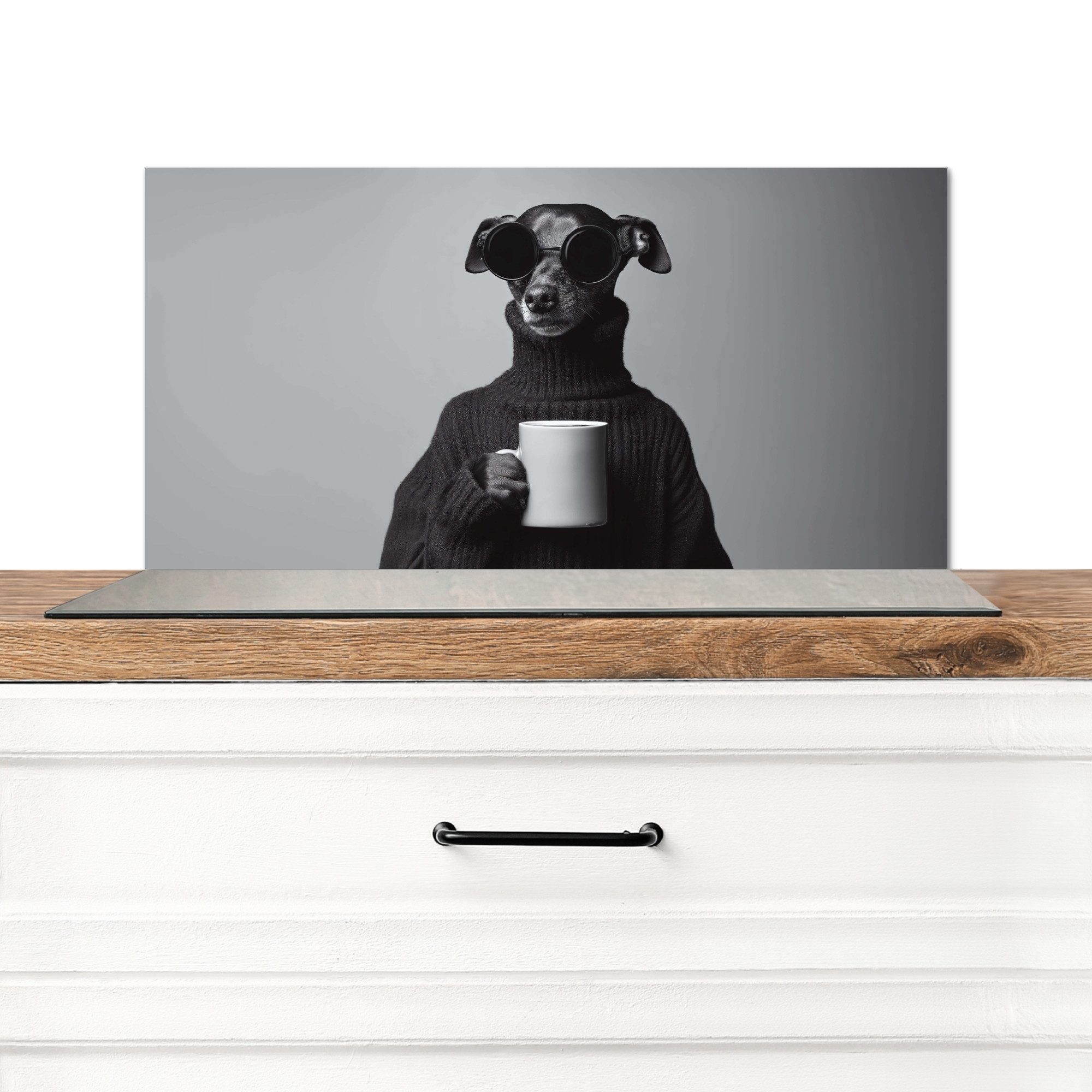 MuchoWow Küchenrückwand Rollkragenpullover - Hund - Brille - Becher, (1-tlg), Rückwand Küche, Wandschutz, Deko, 70x30 cm