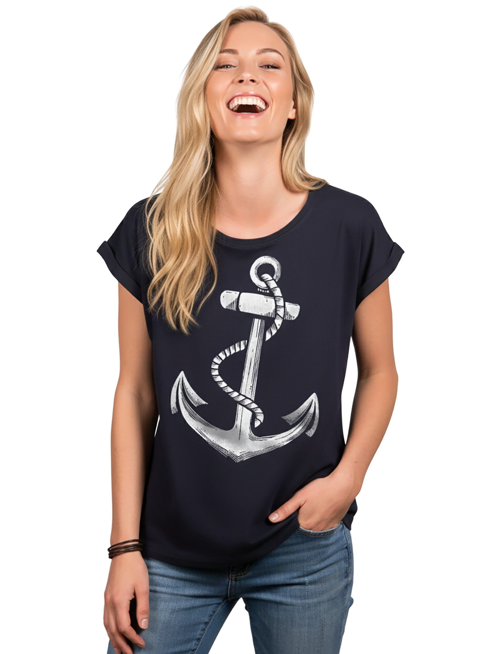 MAKAYA Print-Shirt Damen Anker Motiv Sommer Top Maritime Frauen Oberteile Tunika (Kurzarm, Rundhals, blau, grau, rosa, schwarz) aus Baumwolle