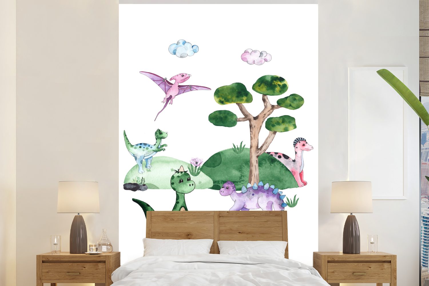 MuchoWow Fototapete Kinderzimmer - Dinosaurier - Weiß - Jungen - Mädchen - Kinder, Matt, bedruckt, (3 St), Montagefertig Vinyl Tapete für Wohnzimmer, Wandtapete