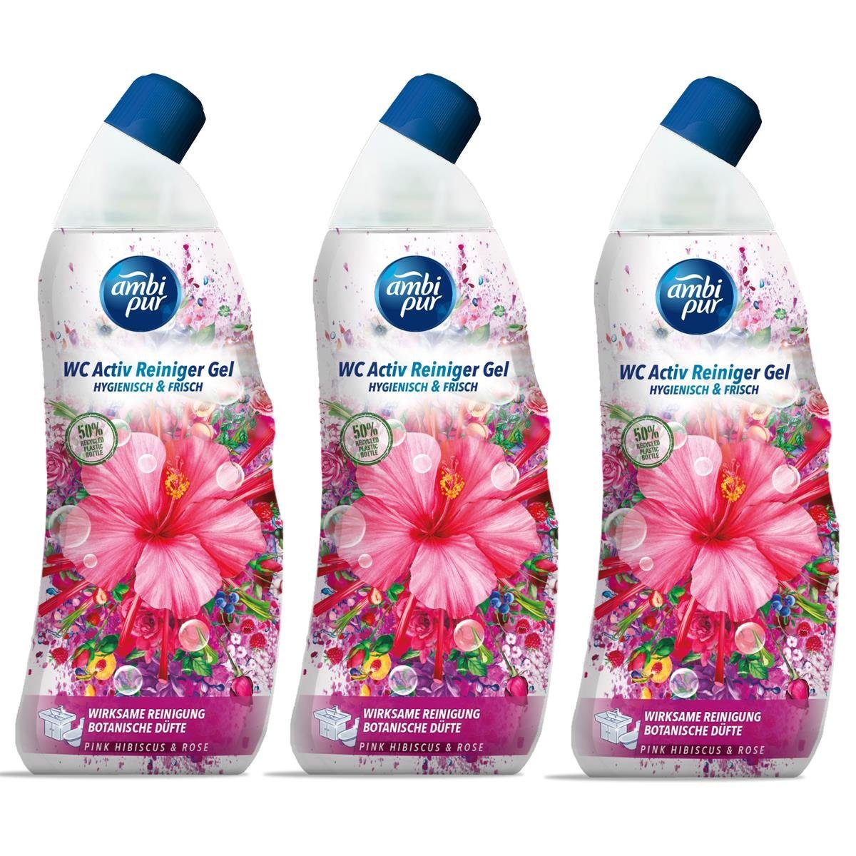 Ambi Pur WC Aktiv Reiniger Gel Pink Hibiskus & Rose 750ml (3er Pack) WC-Reiniger