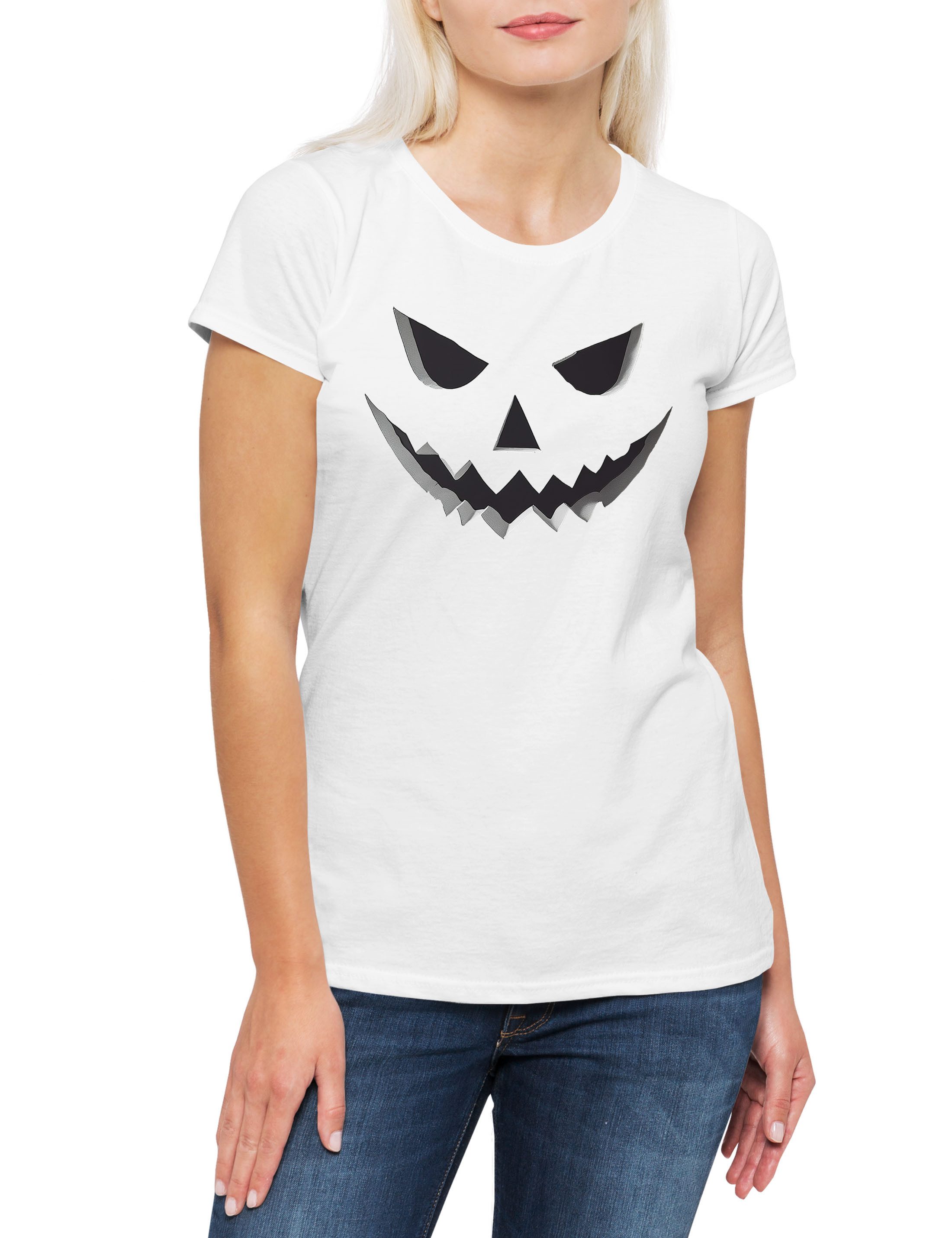 Print-Shirt Pumpkin Face A2 Damen T-Shirt Kürbis Gesicht Laterne Halloween Horror