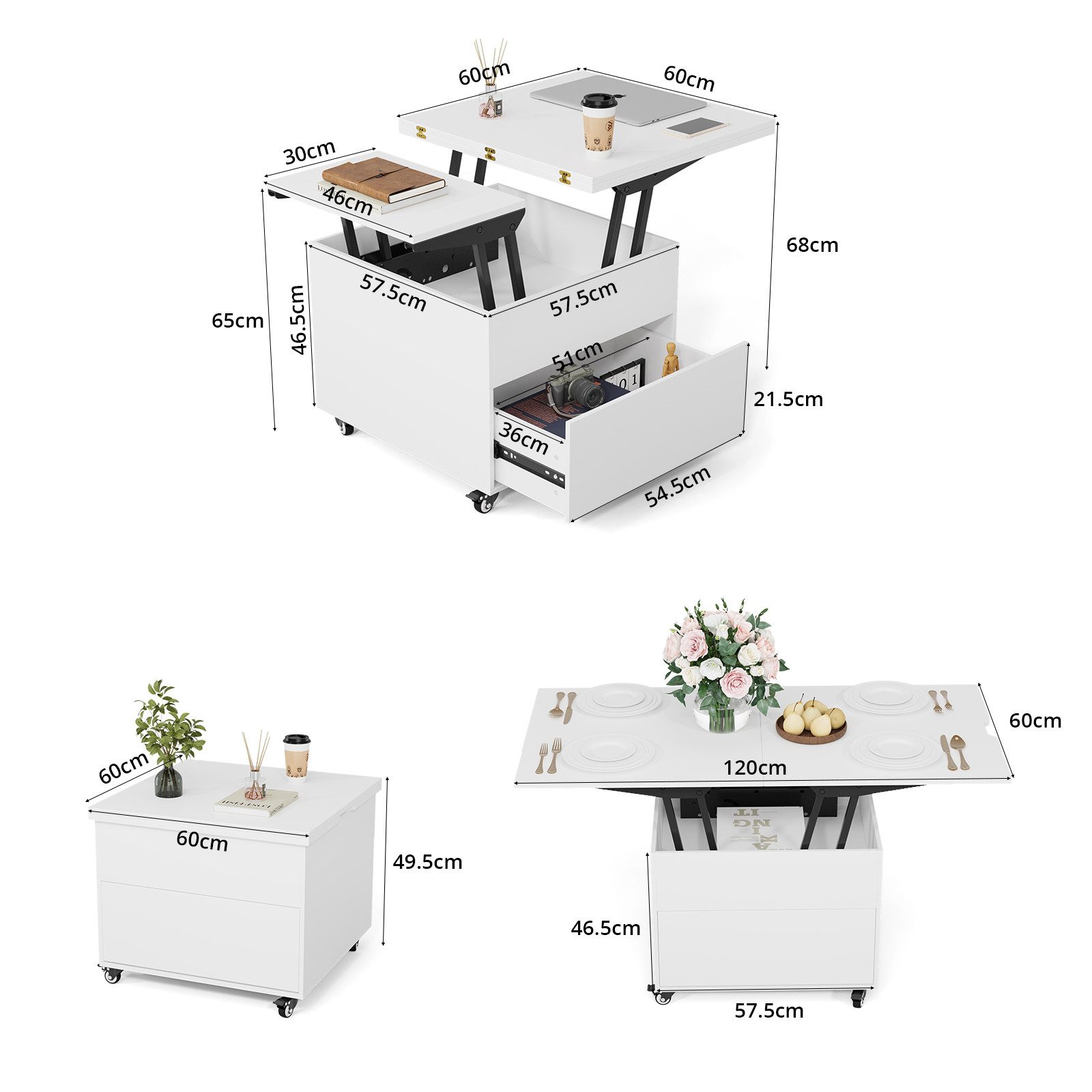 VOWNER Couchtisch Höhenverstellbar, 3-in-1-Multifunktions Wohnzimmer-Esstis günstig online kaufen