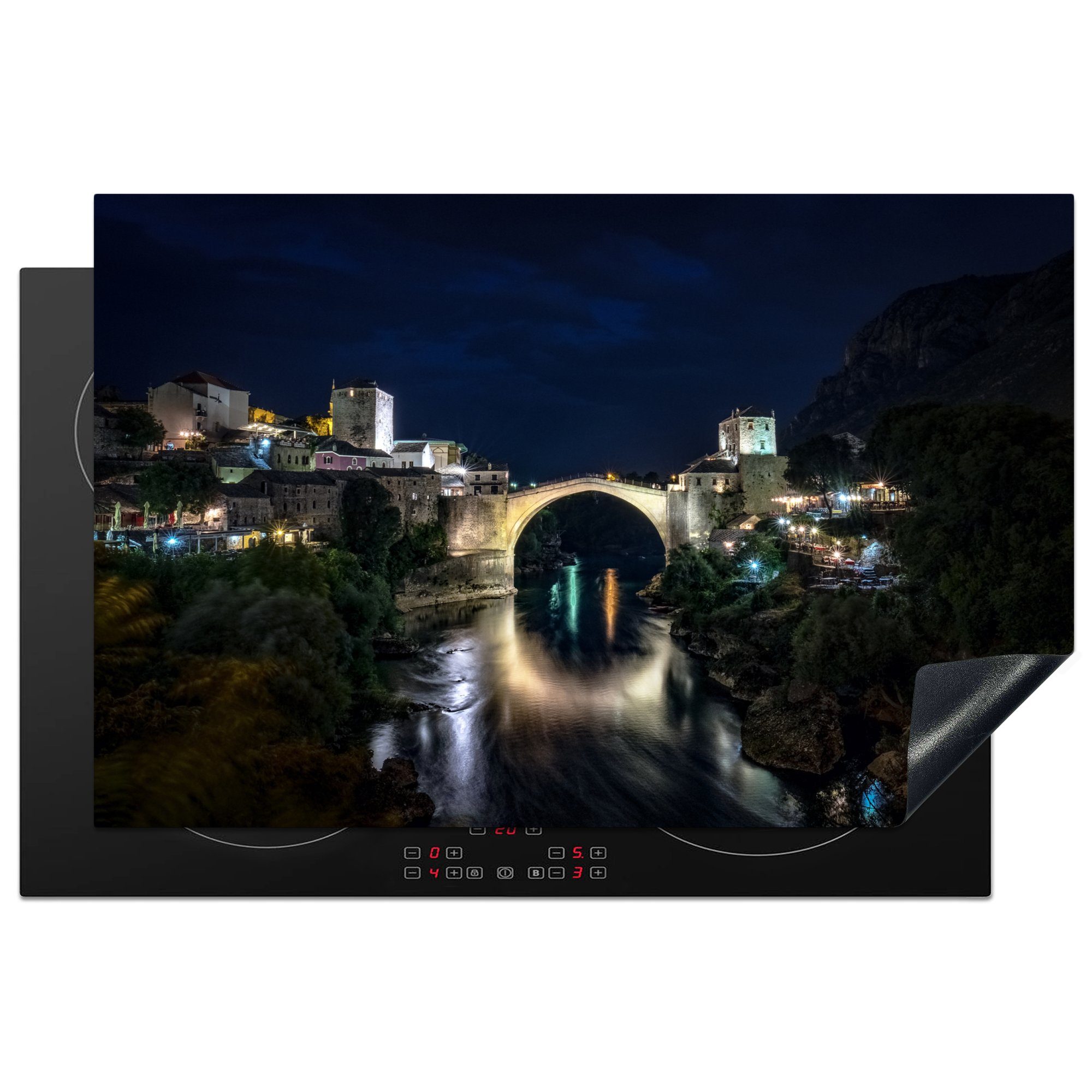 MuchoWow Herdblende-/Abdeckplatte Die Stari-Most-Brücke in Bosnien und Herzegowina ist am Abend, Vinyl, (1 tlg), 81x52 cm, Induktionskochfeld Schutz für die küche, Ceranfeldabdeckung