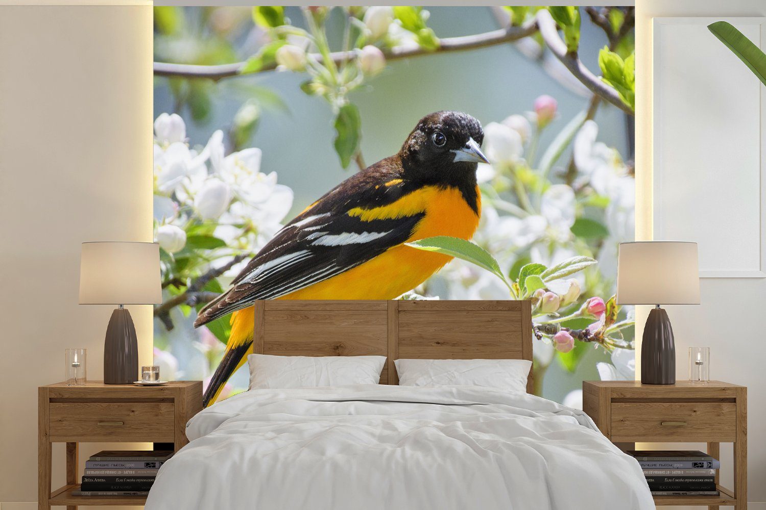 MuchoWow Fototapete Vogel - Blumen - Schlafzimmer Wohnzimmer Küche, Fototapete Vliestapete Matt, bedruckt, für Farben, (4 St)