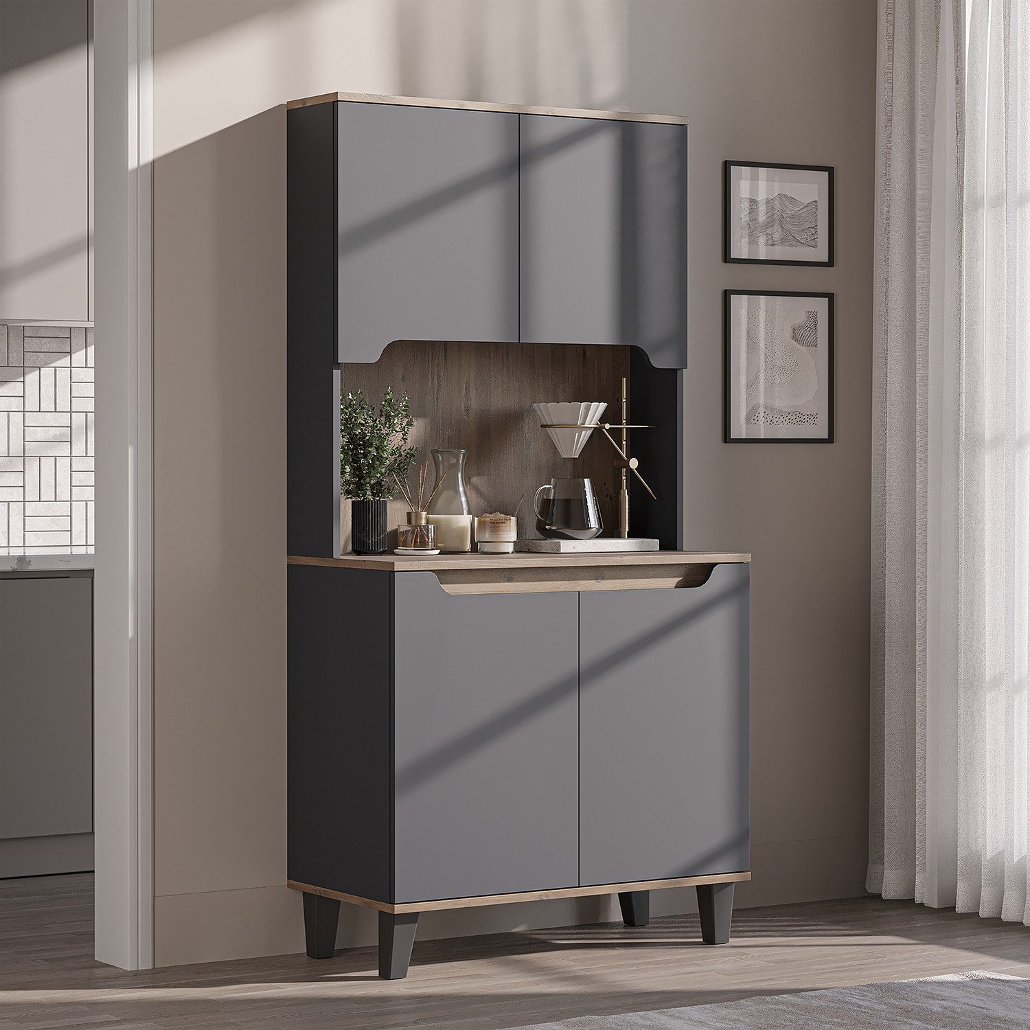 Roomart Küchenbuffet DEFNE mit Nische Kaffeebar Mikrowellenschrank Vorratsschrank, 5 Farben Offene Nische für Kaffeemaschine, 4 Türfächer – Bild 2 von 5