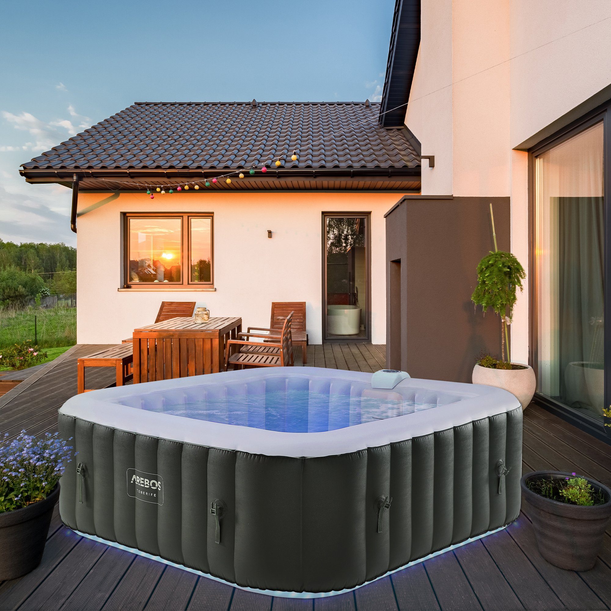 Arebos Whirlpool automatisch aufblasbar, In- & Outdoor, 6 Personen, 185x185cm, (Set, Aufblasbar, Komplett mit Zubehör und LED Beleuchtung)