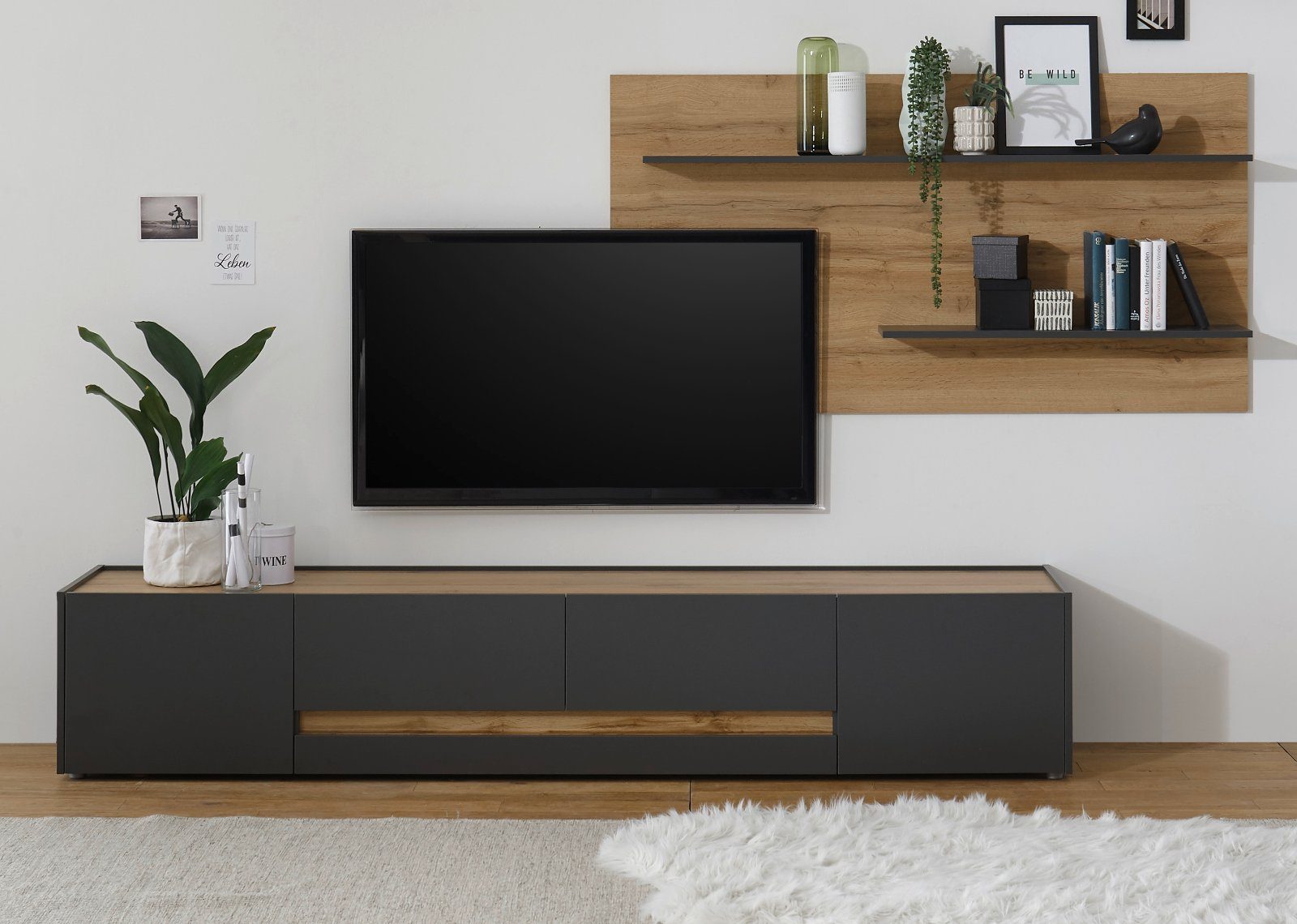 Center, große und mit für cm Wandregal), Breite Wohnwand TV TV-Geräte, 300 Lösung Lowboard (Set Furn.Design