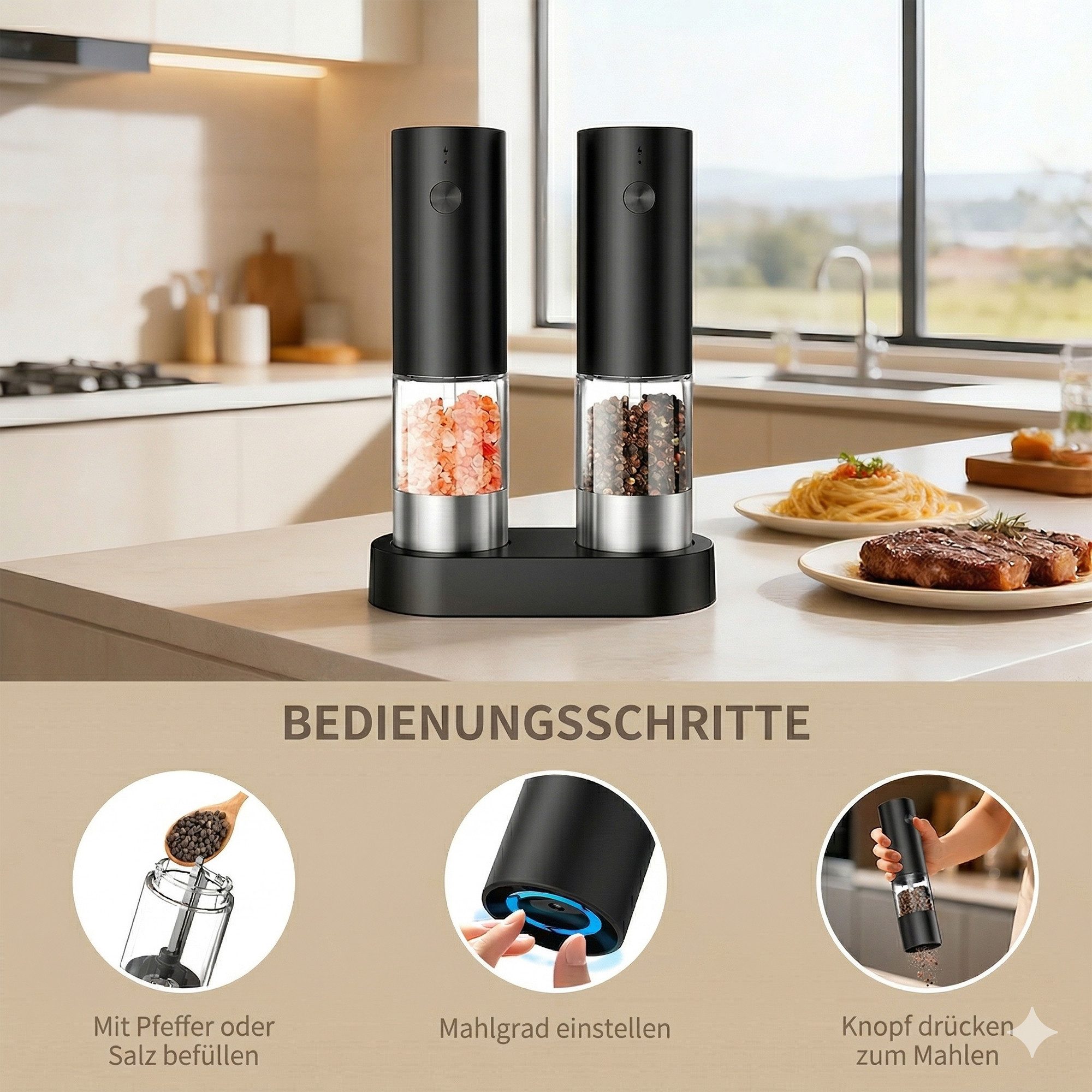 Forrlite Pfeffermühle Elektrische - und Pfeffermühle im 2er-Set, USB wiederaufladbar mit kabelloser Ladestation, Automatische, Einhandbedienung, Mahlgrad Einste – Bild 5 von 5