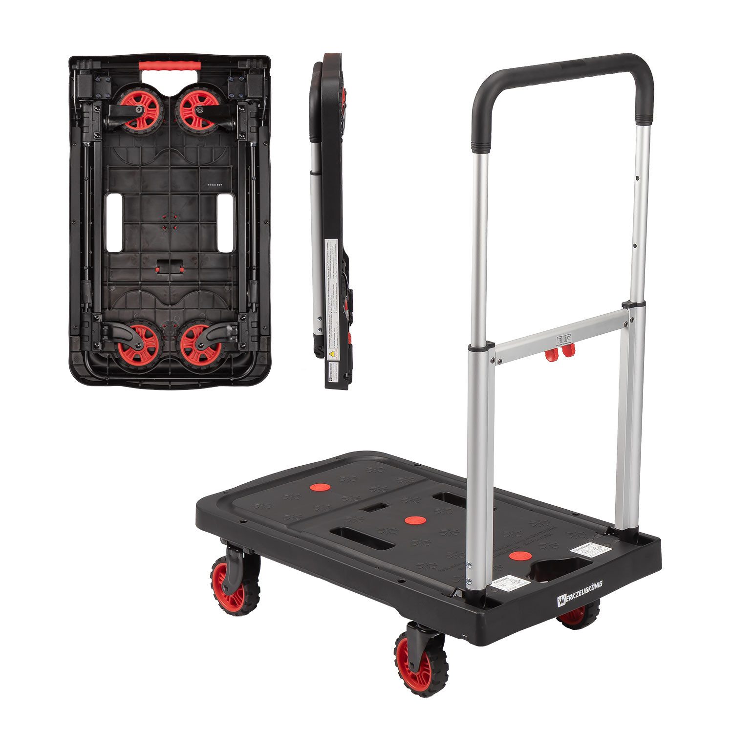 Werkzeugkönig Rollwagen Plattformwagen klappbar 150 kg, zusammengeklappt nur 68 x 41 x 8 cm - Griffhöhe 3 stufig einstellbar