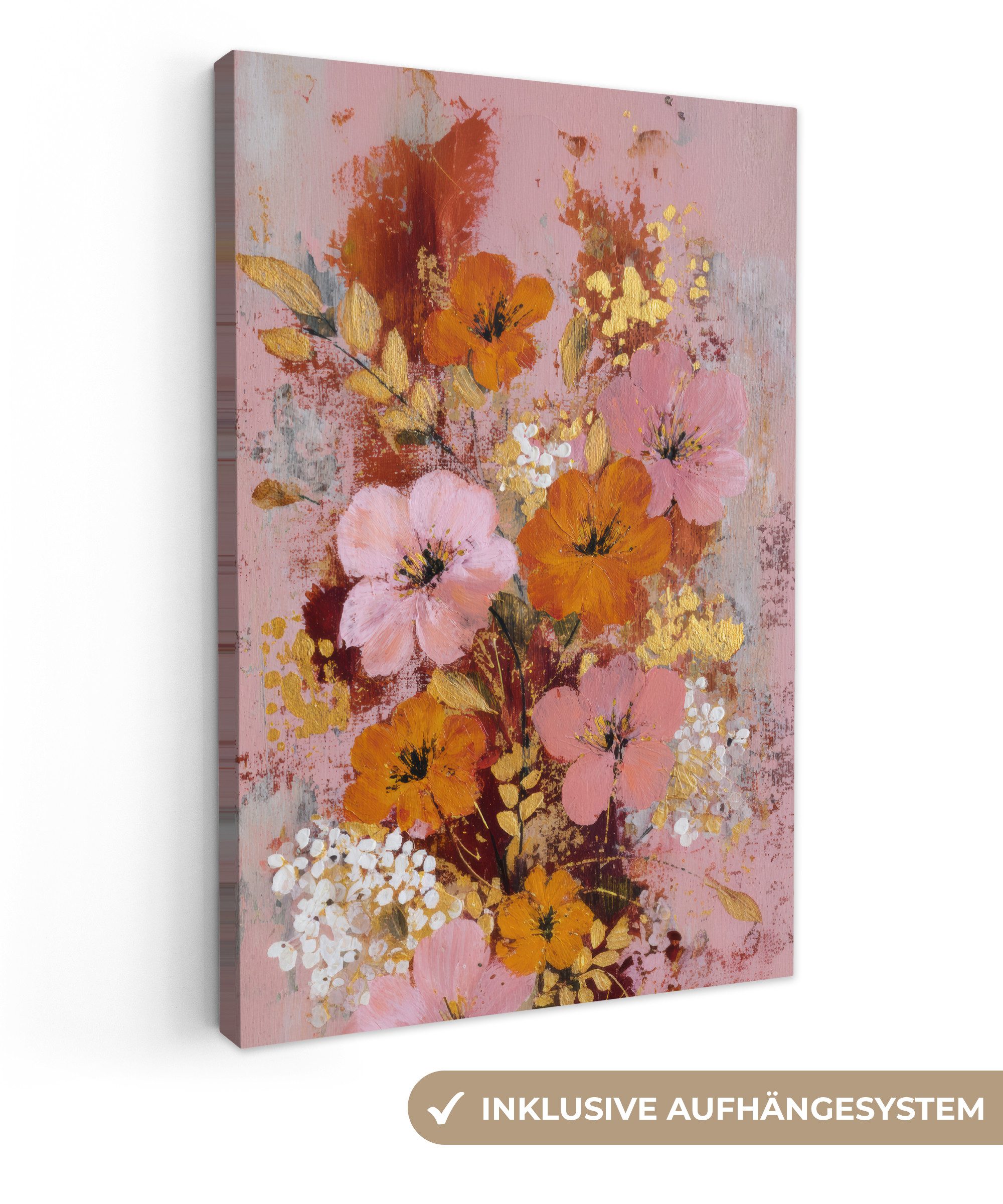 OneMillionCanvasses® Leinwandbild Malerei - Blumen - Rustikal - Rosa, Fotodruck (1 St), Leinwand Canvas Wandbild, Wanddekoration 20x30 cm