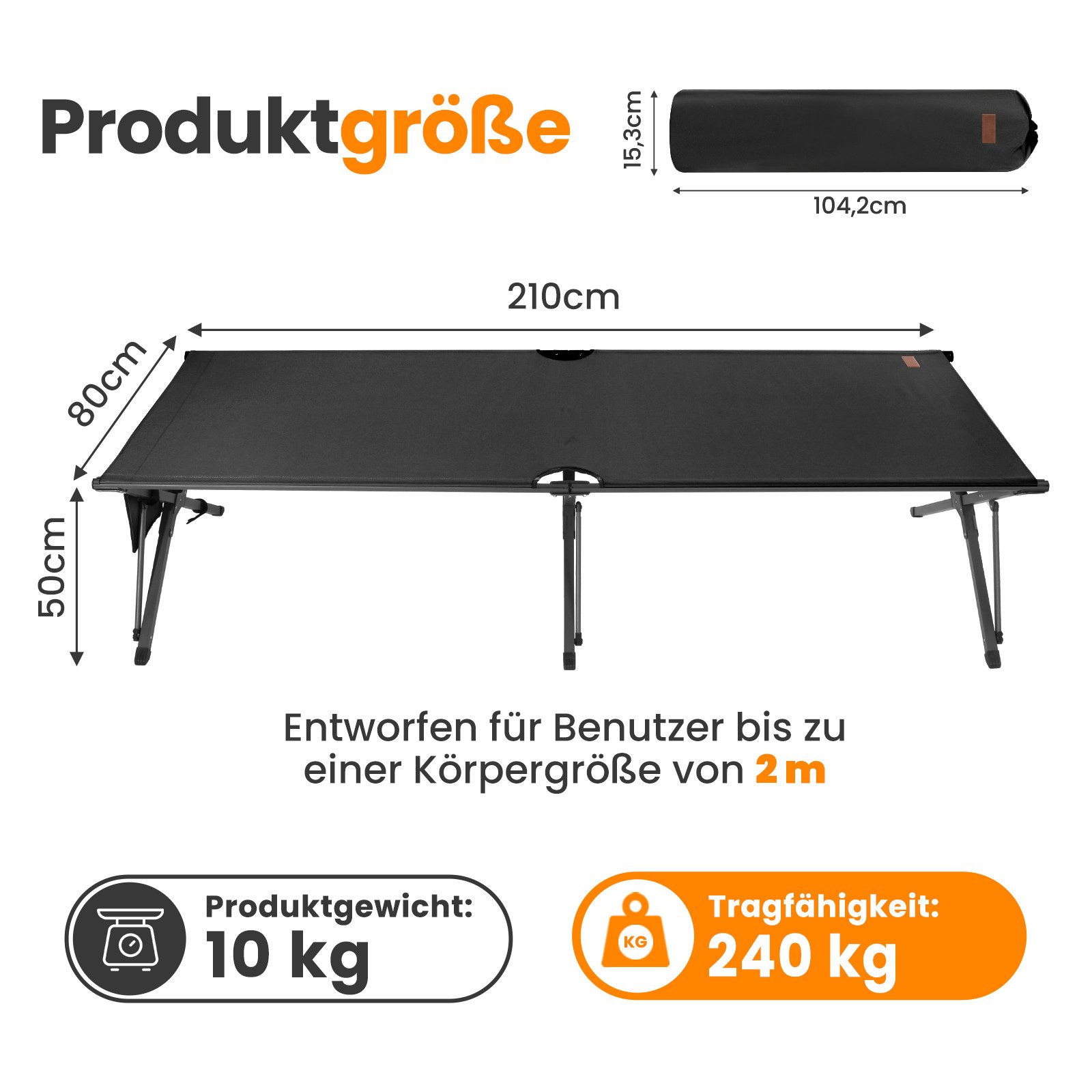 HOMECALL Klappbett Feldbett Camping klappbar 210×80 cm bis 240 kg (Campingbett extra breit mit 600D Oxford-Gewebe, verstärkte X-Beine, faltbares Klappbett mit Seitentasche) 600D Oxford-Gewebe, : Strapazierfähig & atmungsaktiv