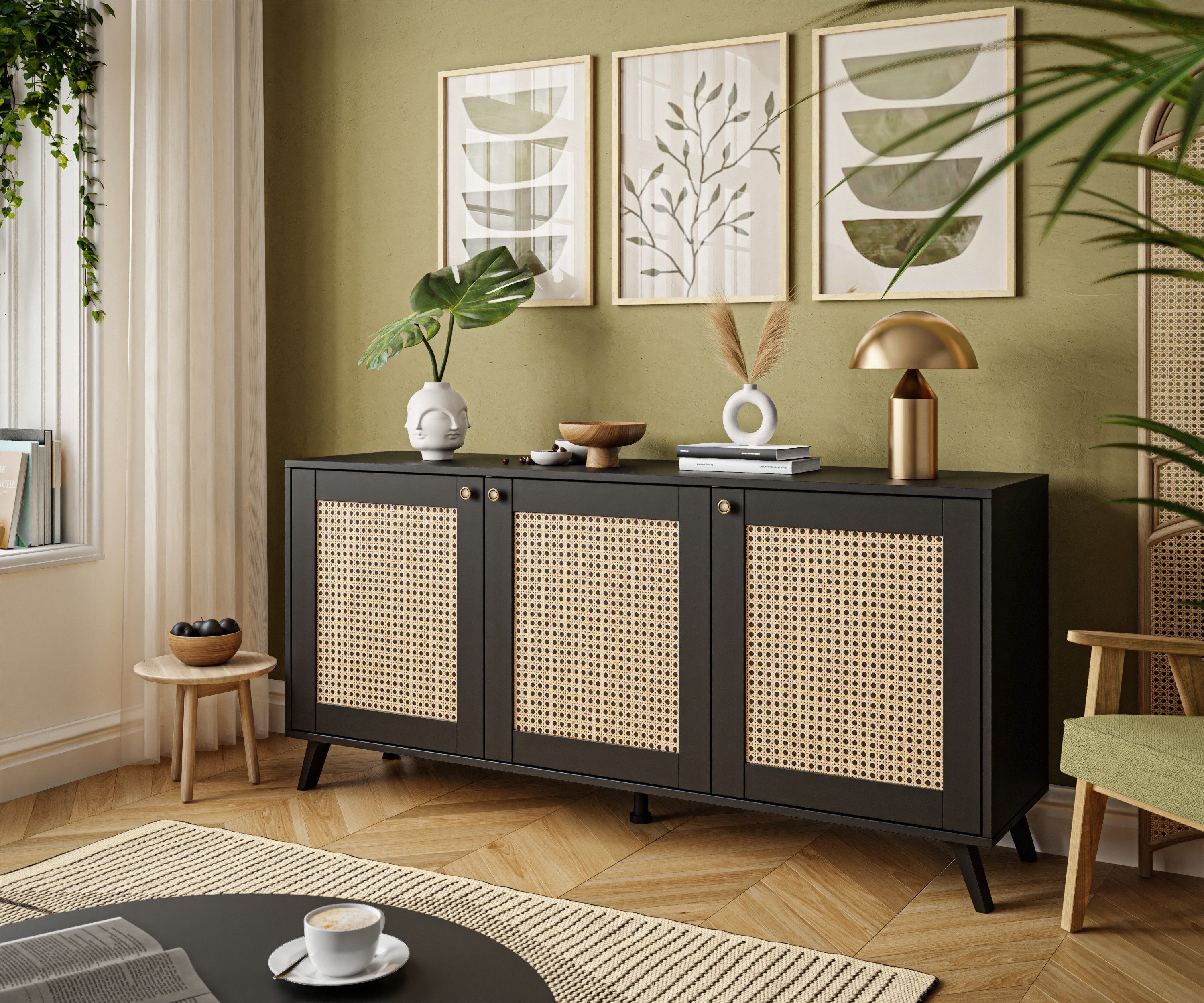 Lookway Kommode VIENNA 3D mit Wiener Geflechtimitation und drei Türen