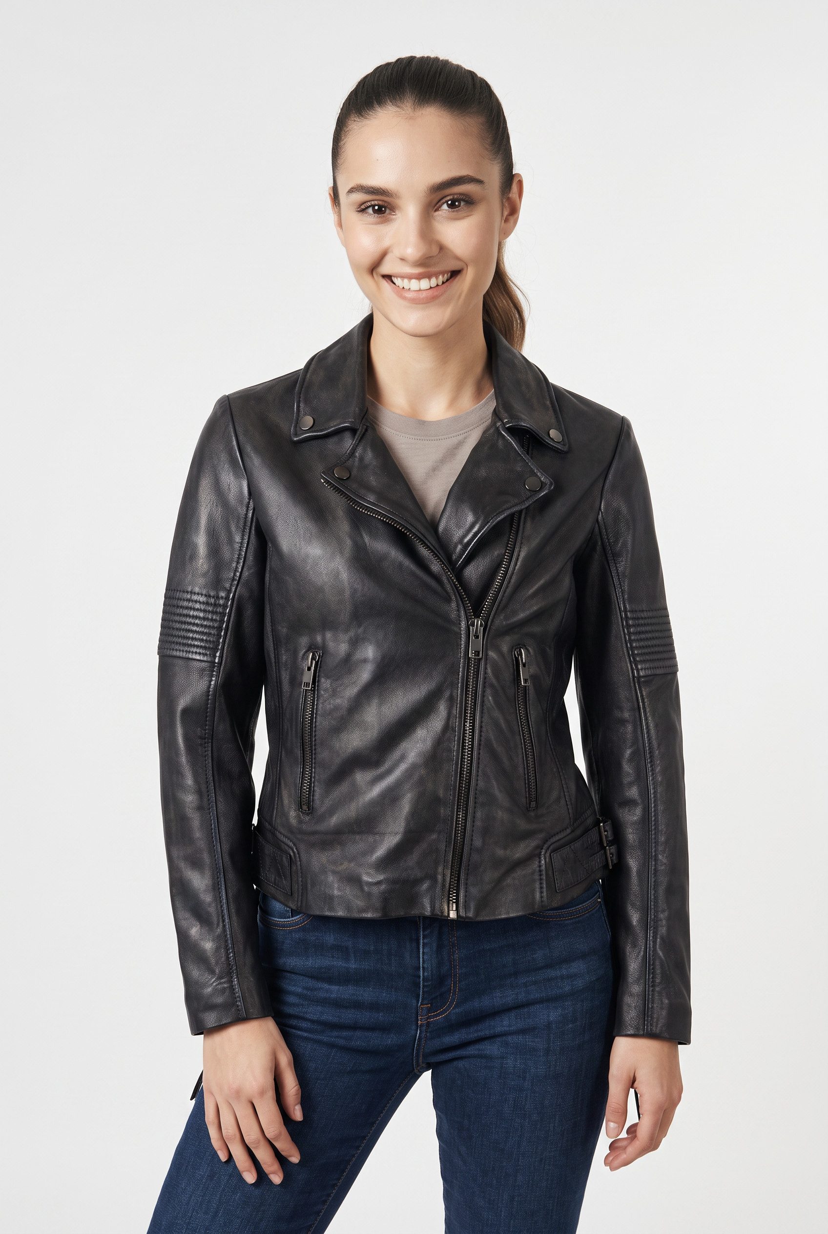 Mauritius Lederjacke MWJuna SF mit asymmetrischem Verschluss, Slim Fit