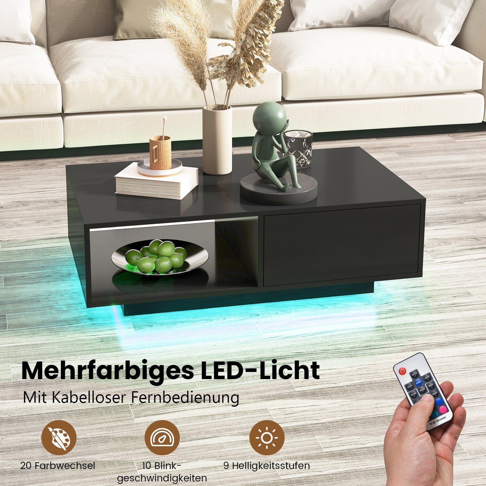 COSTWAY Couchtisch, mit 20 Farben LED-Beleuchtung, Fernbedienung, Schublade