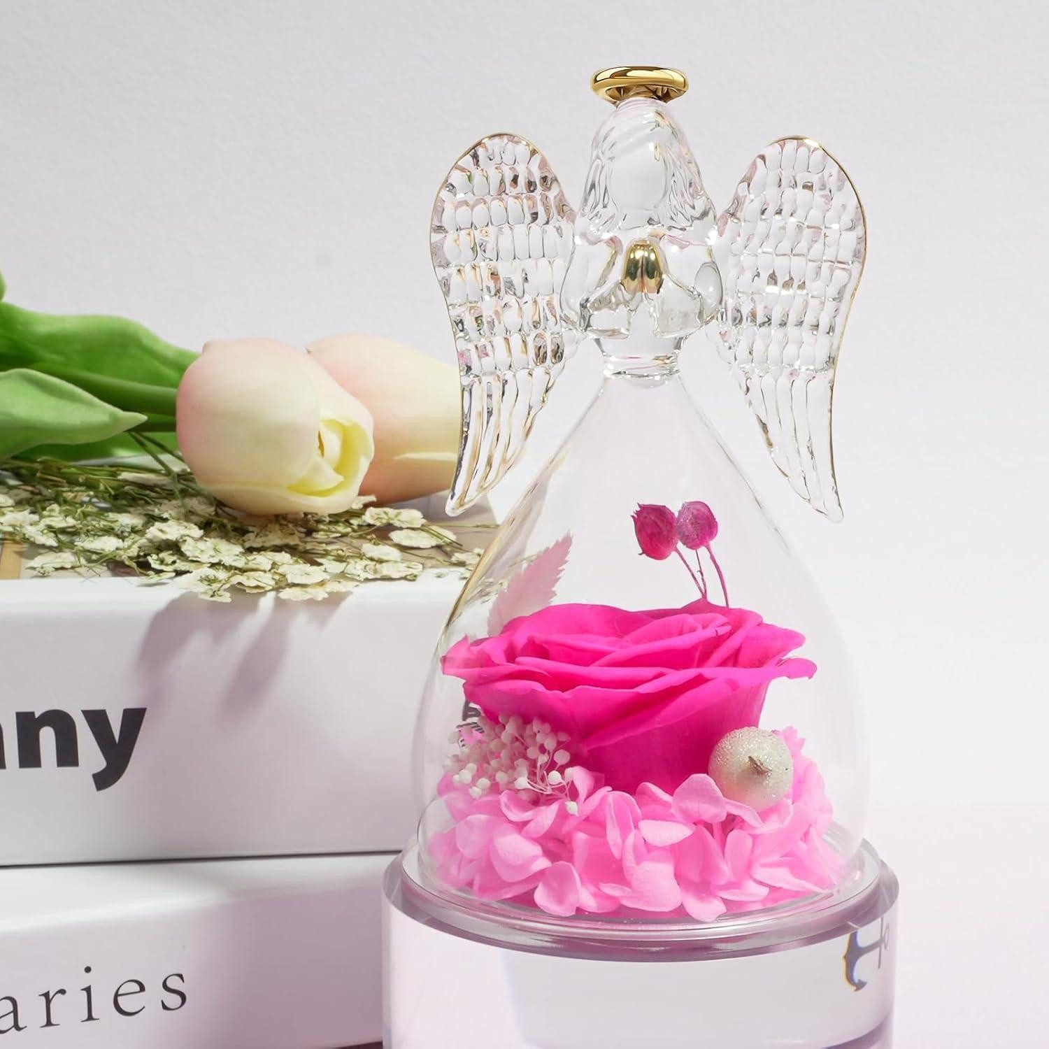 LuxusKollektion Engelfigur Engelfigur Ewige Rose Glaskuppel Schutzengel Geschenk Mutter Hotpink
