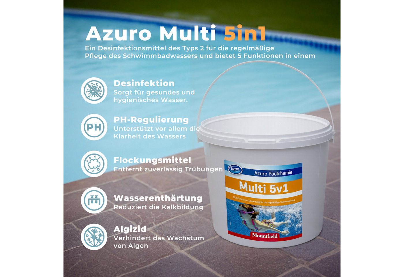 Thumbnail - Azuro Chlortabletten 5 in 1 Chlor Multitabs 200g langsamlöslich für Pools, (1kg, 3kg, 5kg, Hergestellt in Europa), für k...