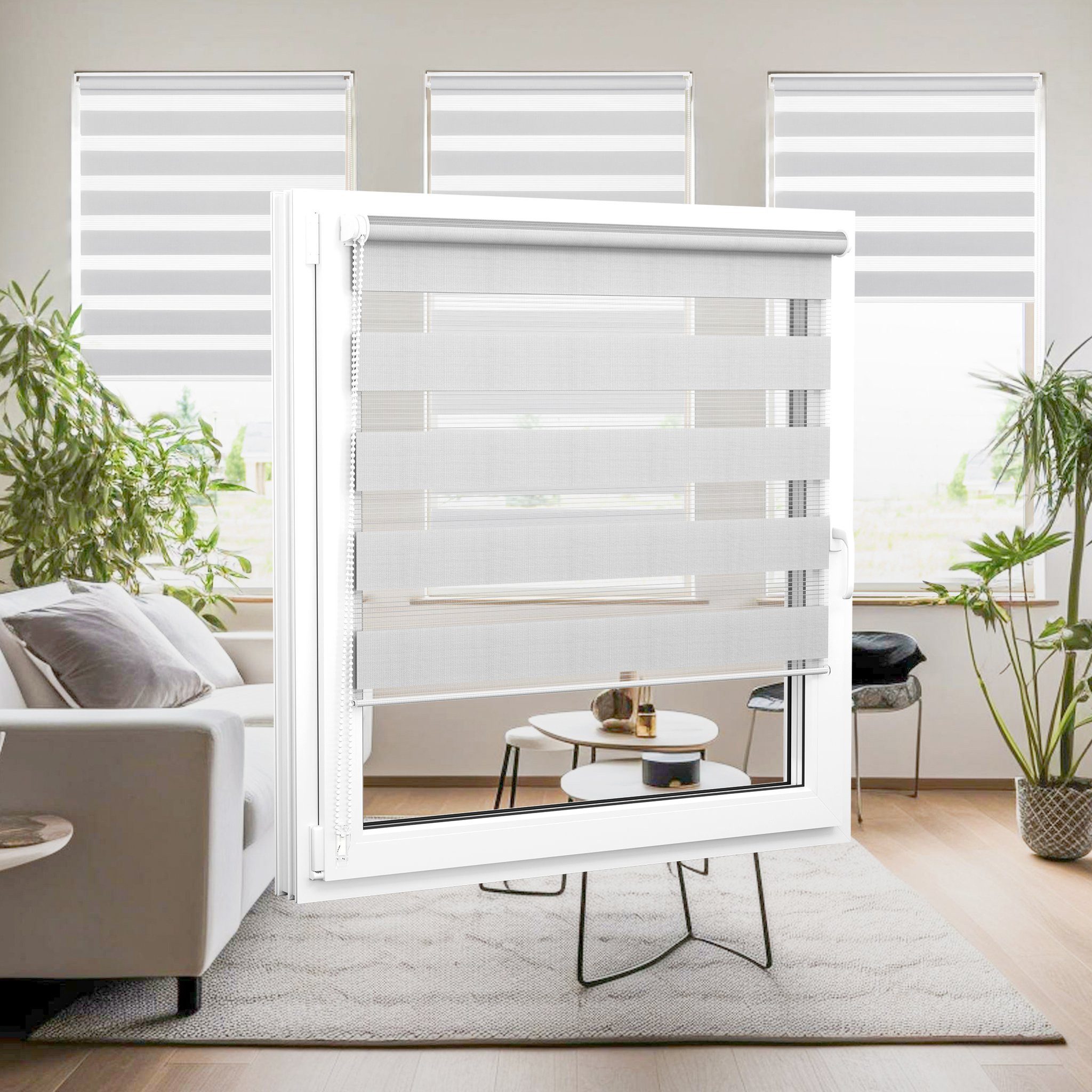 Doppelrollo 30 x 150 cm, hellgrau [Stoffbreite 26,6 cm], jalousiescout, blickdicht, mit Bohren/ohne Bohren, freihängend, Klemmen, Kleben und Schrauben OHNE Aufp – Bild 5 von 5