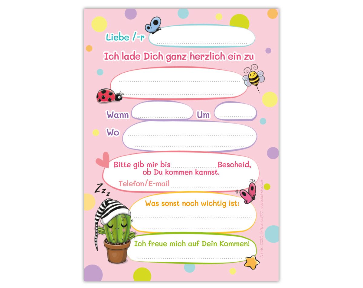 JUNAPACK Einladungskarten Kaktus Einladungen zum Kindergeburtstag Blumen Karten Mädchen, Einladungskarten mit einem Kaktus Motiv für Kinder