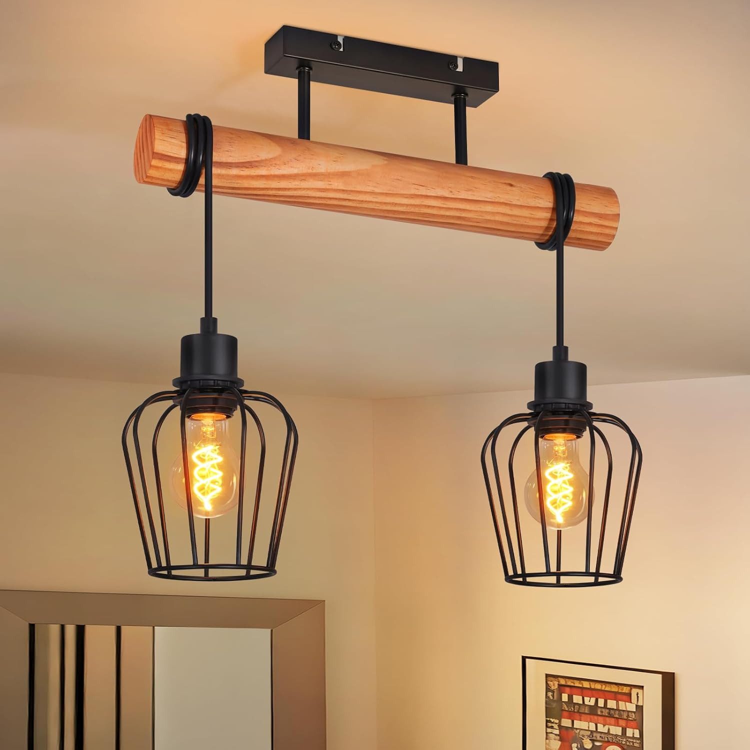 Nettlife Deckenleuchte Holz 3 flammig Retro Schwarz Deckenlampe E27 Industrial, Höhenverstellbar, LED wechselbar, Flur Wohnzimmer Schlafzimmer