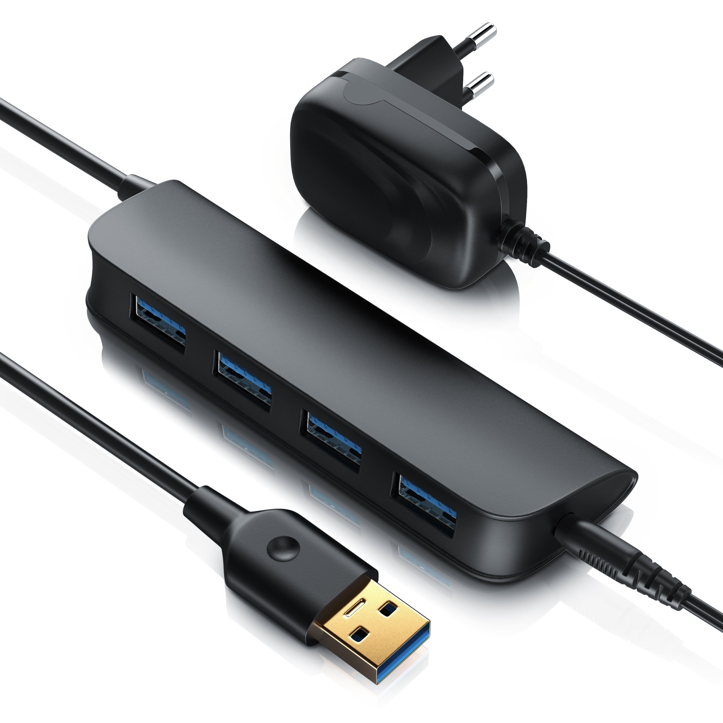 Primewire USB-Adapter, aktiver 4Port USB 3.2 Gen1 Hub Verteiler mit Netzteil, transportabel