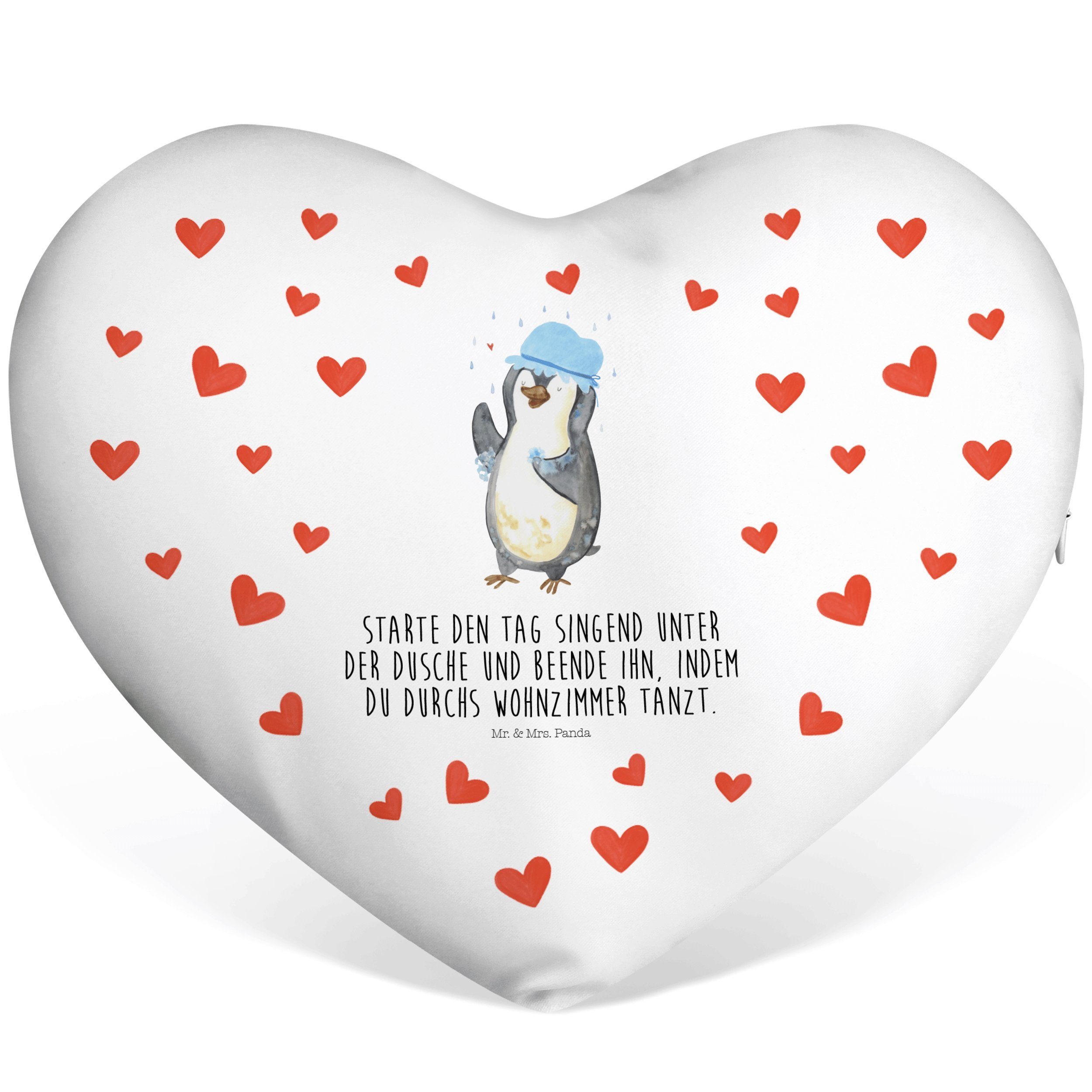 Mr. & Mrs. Panda Dekokissen Pinguin duscht - Weiß - Geschenk, Herz, duschen, Herzkissen, Motivati