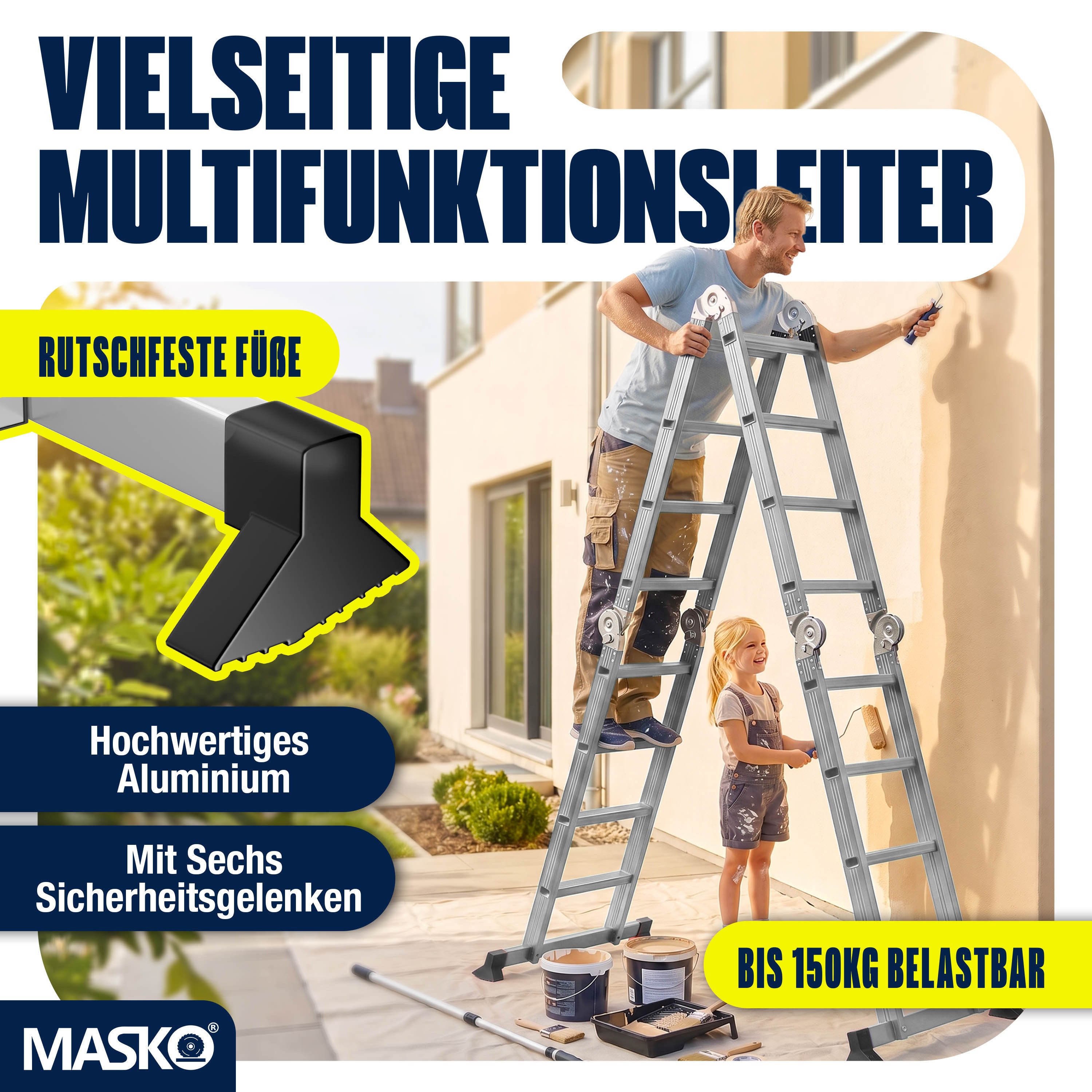 MASKO Vielzweckleiter Aluminium 6in1 Mehrzweckleiter 4x3 Stufen, 360cm, bis 150kg belastbar, multifunktionale Gelenkleiter, Anlegeleiter, Steh- & Treppenleiter