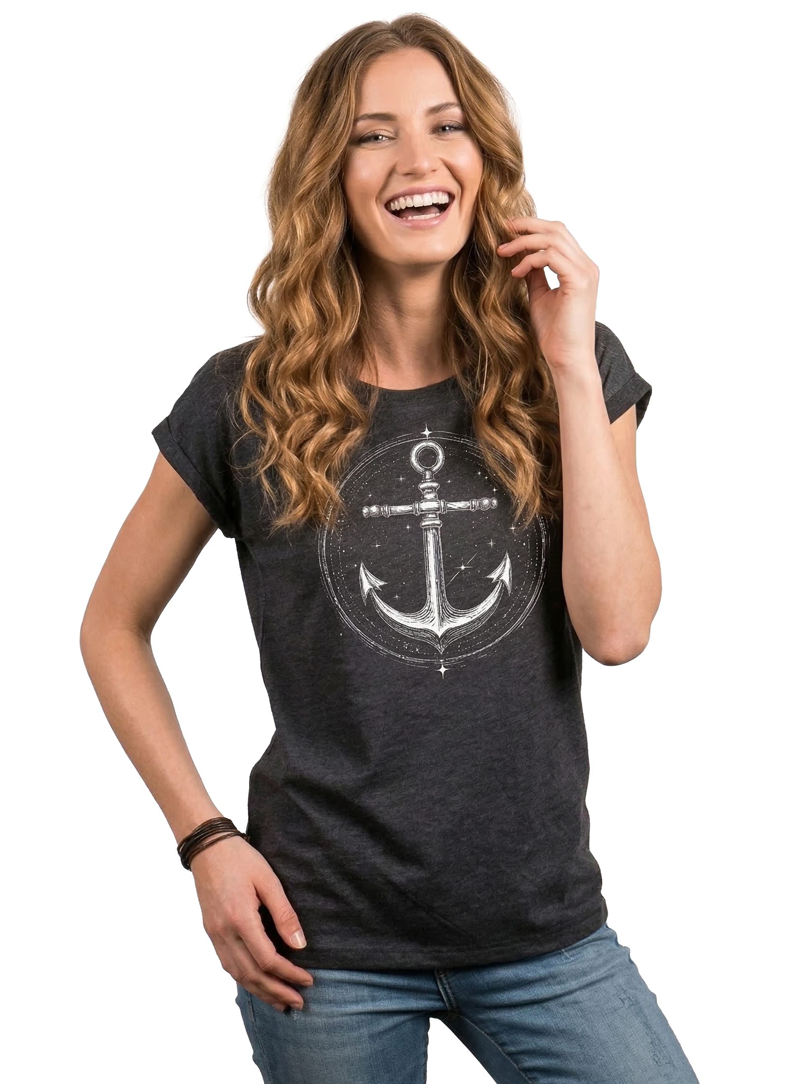 MAKAYA Kurzarmshirt mit Anker Damen Top Ankermotiv Tattoo Print Maritim Elegant (Schwarz, Blau, Grau, Grün, 34, 36, 38, 40, 42, 44, 46, 48, 50) Baumwolle