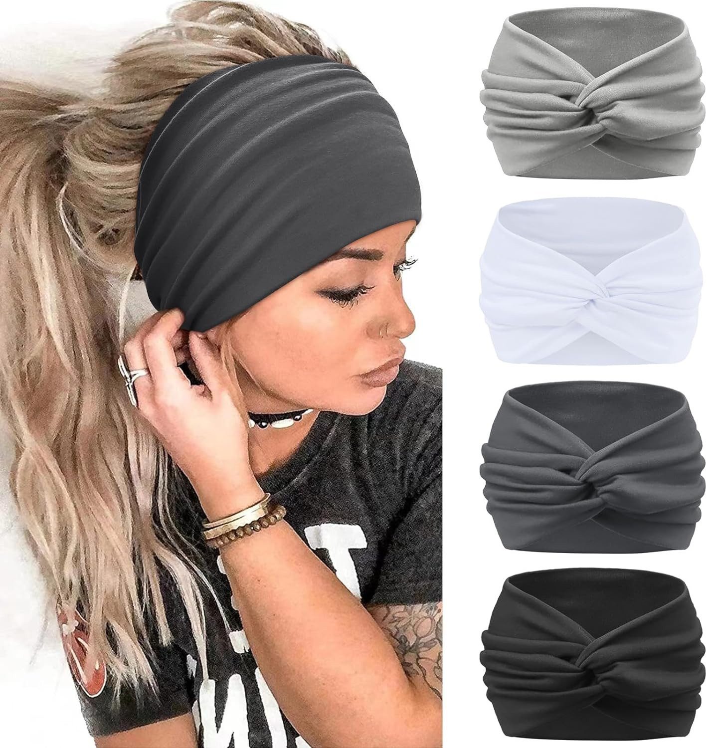 Haargummi 4 Stück Stirnbänder Damen Boho Breite Haarband Weiche Stirnband