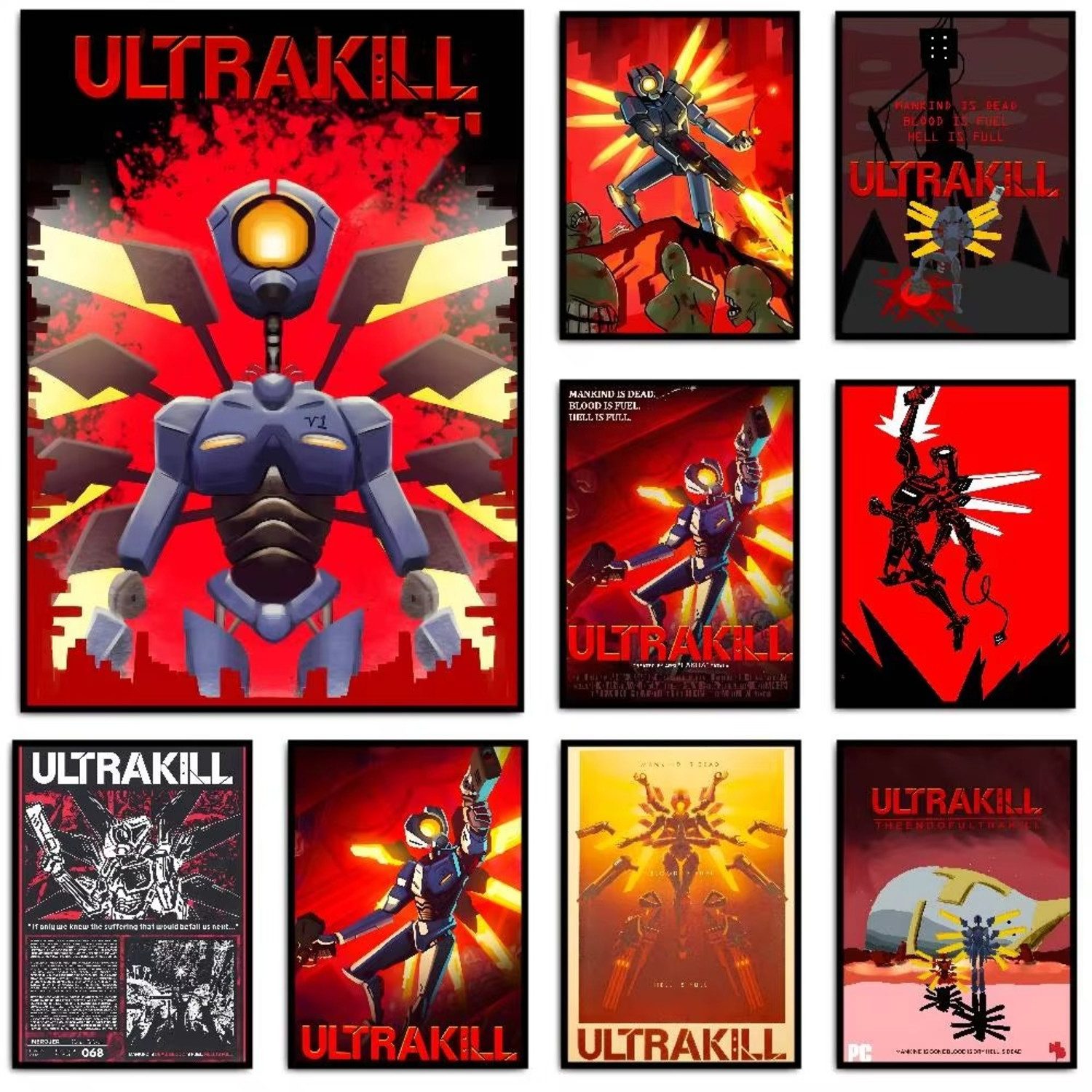 TPFLiving Kunstdruck OHNE RAHMEN, STEAMGAMEU - ULTRAKILL Poster - (Leinwandbild XXL), Farben: Farben: schwarz, rot, orange -Größe: 15x20cm