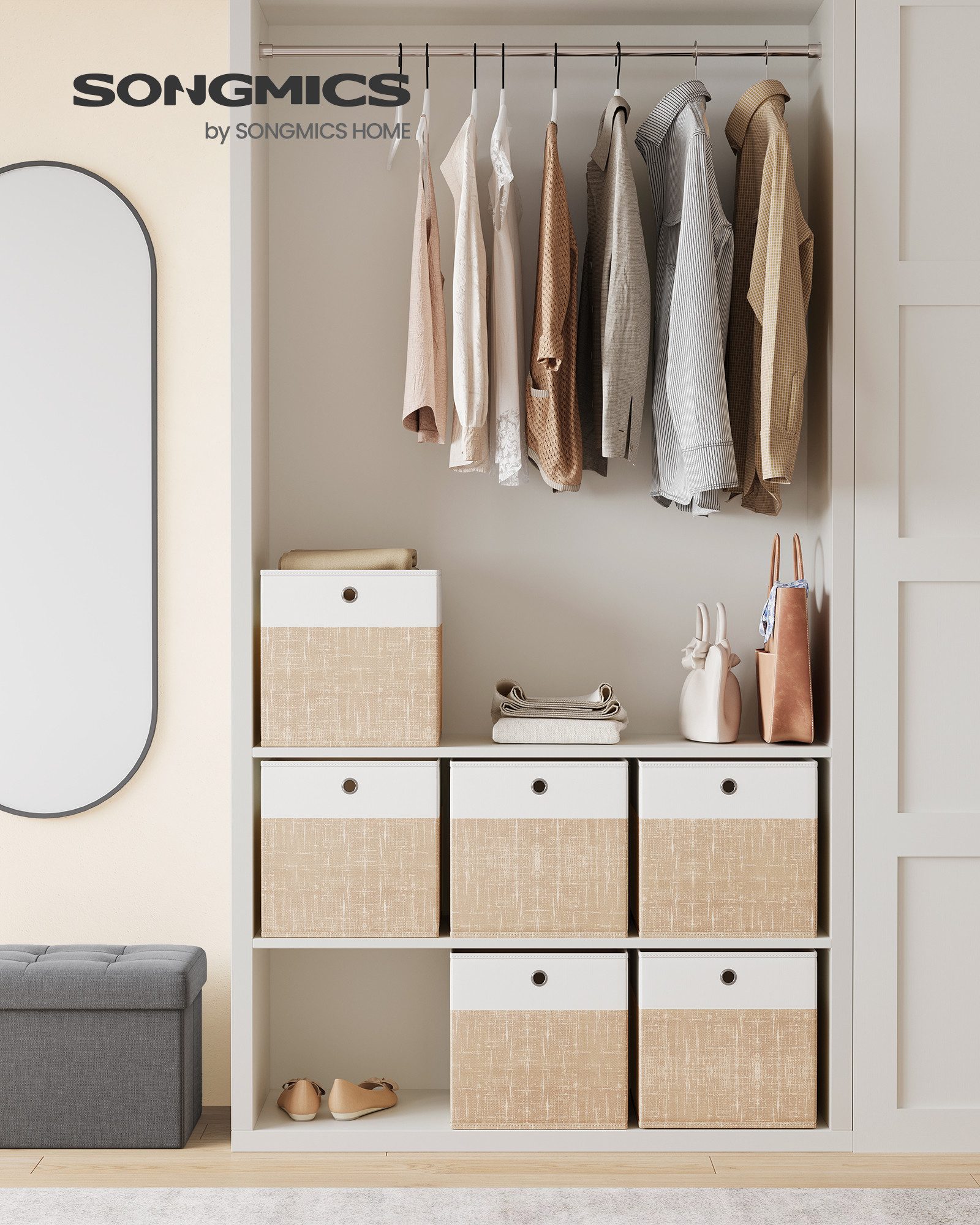 SONGMICS Aufbewahrungsbox Aufbewahrungskorb, Ordnungsboxen, Faltbox, Stoffbox für Würfelregal (6 St), mit PP-Platten, geruchsneutral, 33 x 33 x 33 cm, wolkenweiß-sandbeige