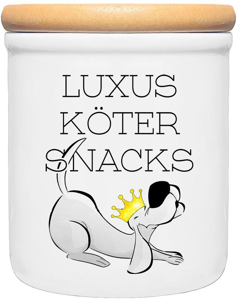 Cadouri Vorratsdose LUXUSKÖTER SNACKS - Leckerlidose Hund - für Hundekekse, Keramik, (2-tlg., 1x Keramikdose mit Holzdeckel), Hundekeksdose, handgefertigt in Deutschland, für Hundebesitzer, 400 ml