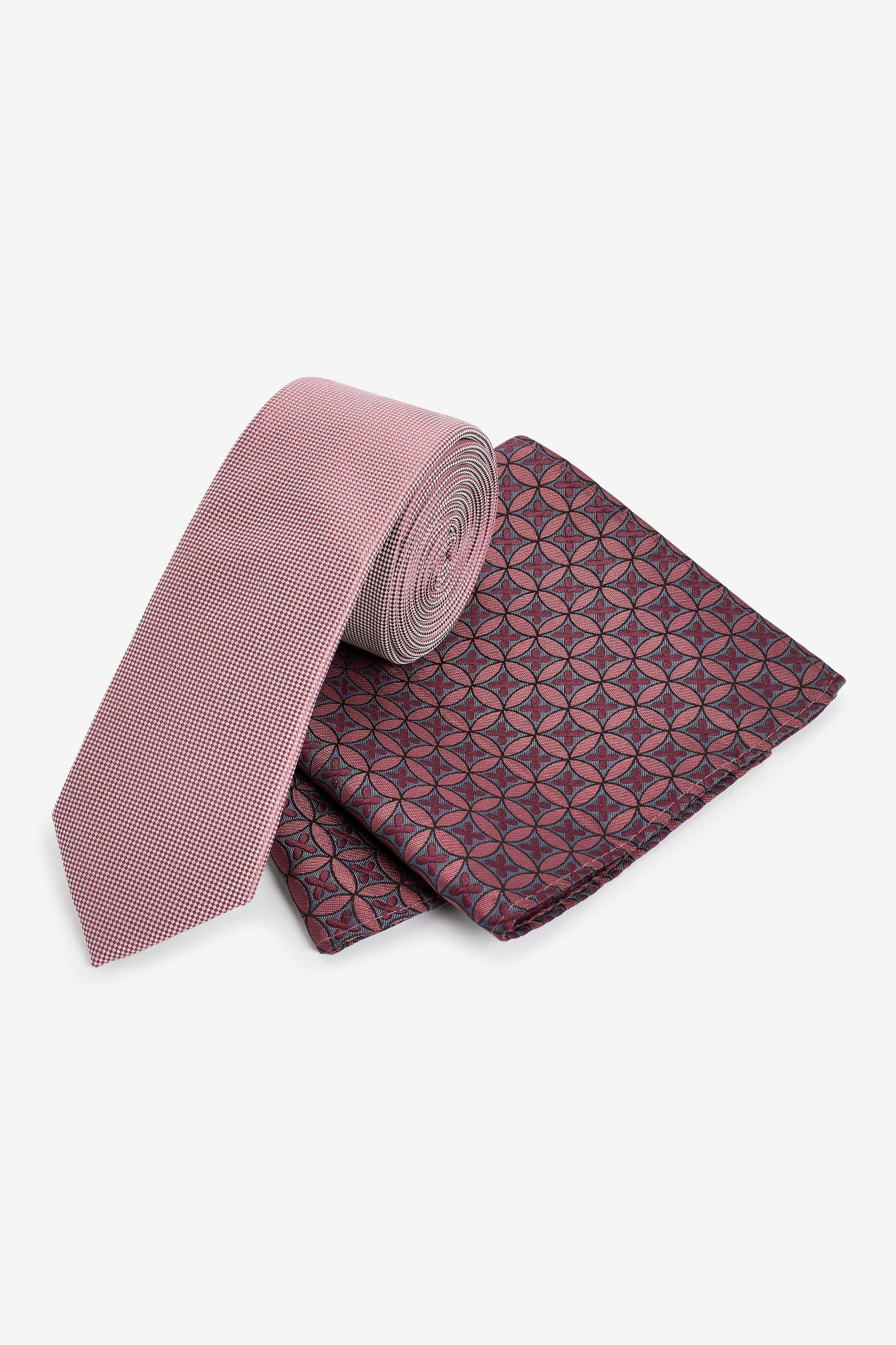 Next Krawatte Krawatte (2-St) im - und Set Einstecktuch Pink Geometric Slim