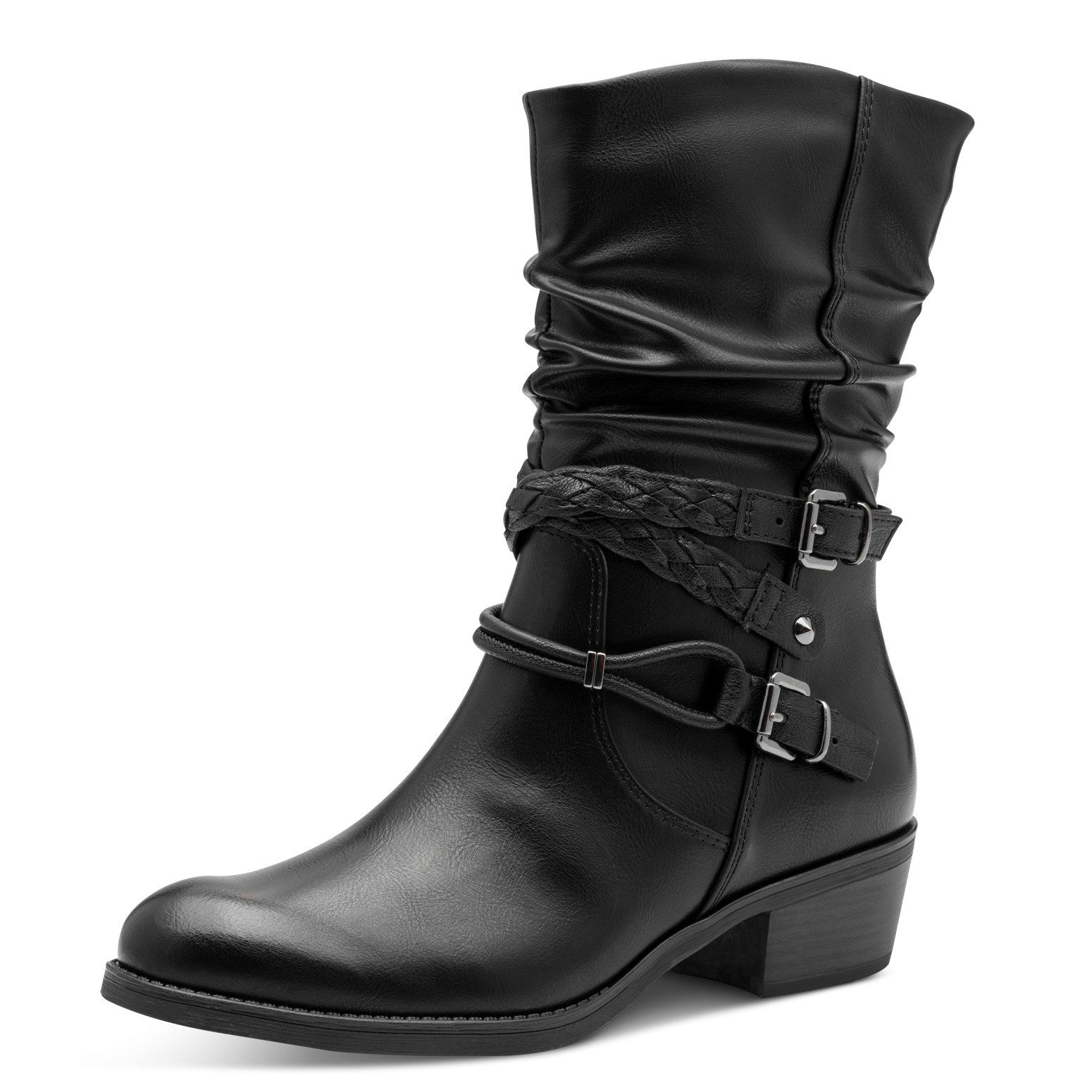 MARCO TOZZI Cowboy Stiefelette, Blockabsatz, Kurzstiefel, Westernstiefelette mit Flecht-Zierriemchen