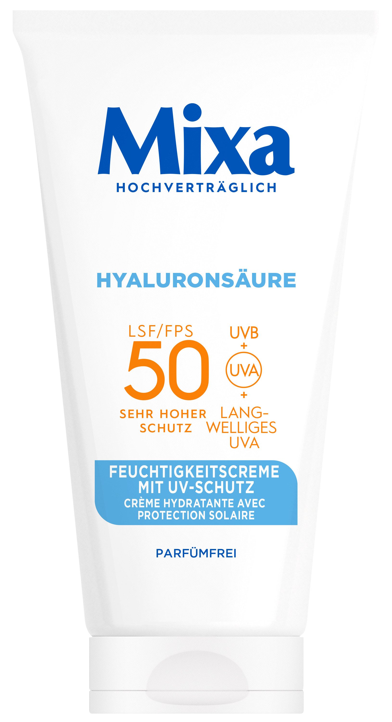 Mixa Feuchtigkeitscreme MIXA UV-SCHUTZ FEUCHTIGKEITSCREME, LSF 50, feuchtigkeitsspendend, mit Hyaluronsäure, pflegend