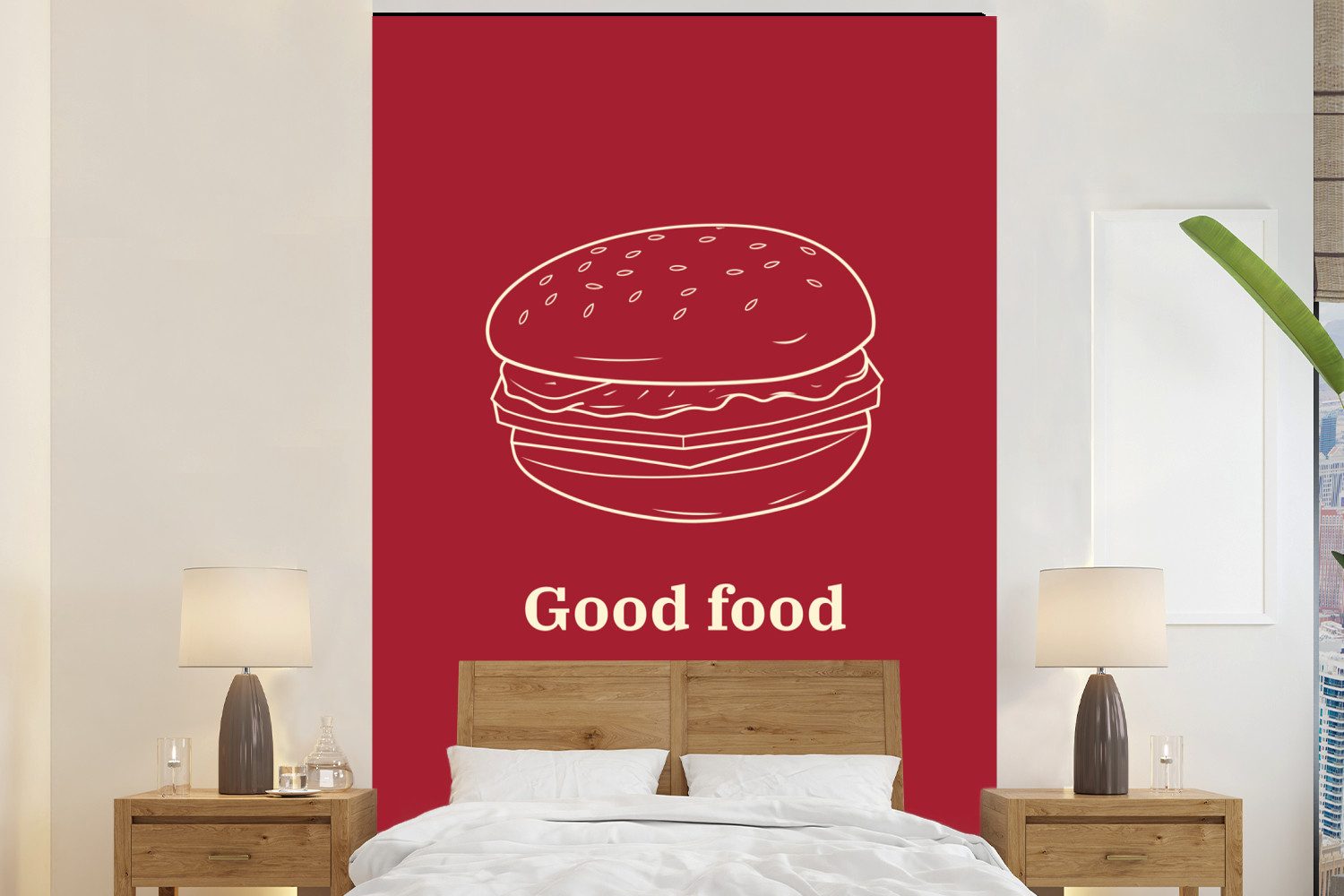 MuchoWow Fototapete Tiefrot - Strichzeichnung - Text - Hamburger, Matt, bedruckt, Montagefertig Vinyl Tapete, Wandtapete, 170x260 cm