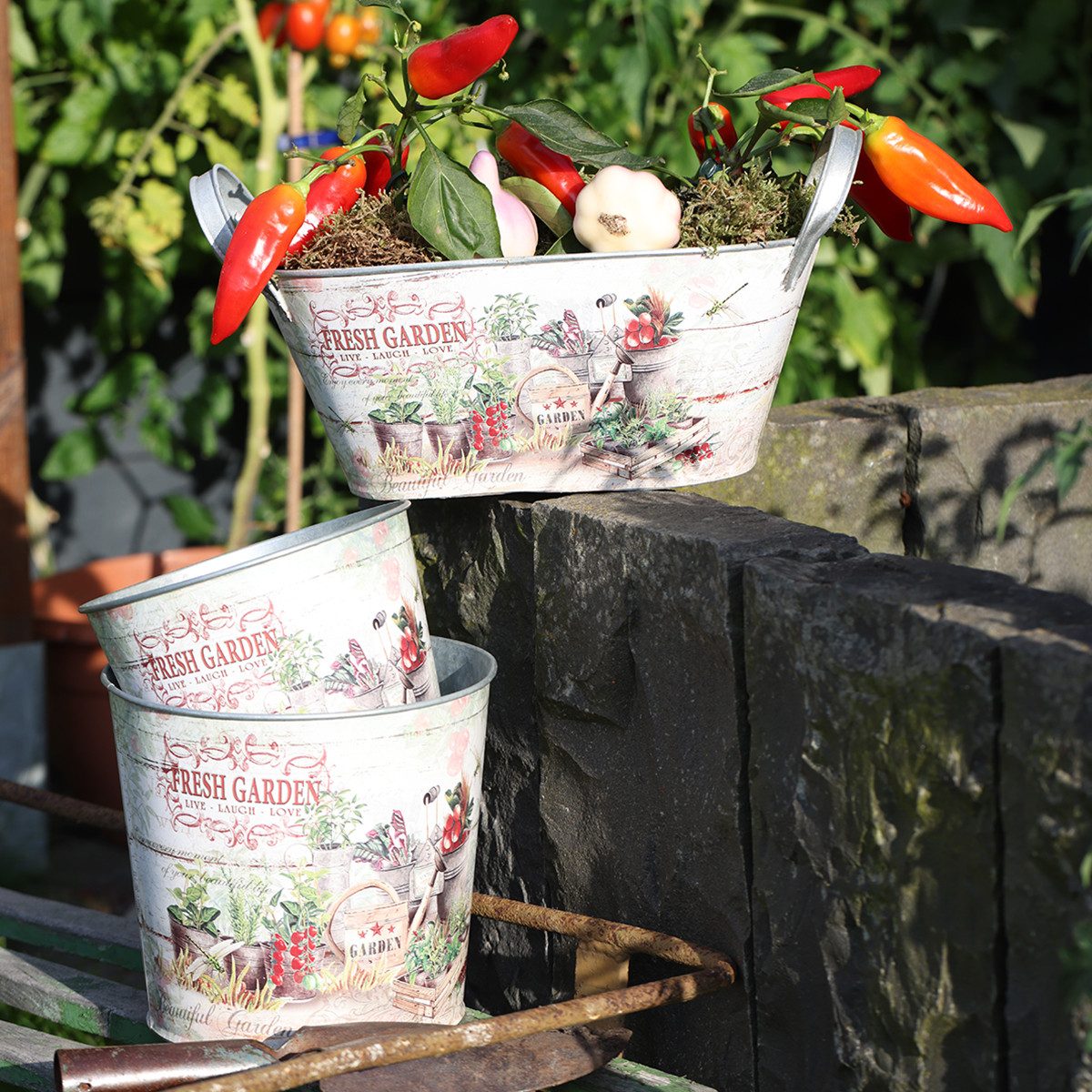 Viana Übertopf Blumenkübel Metall Klein Silber Motiv Fresh Garden 2er Set, 2 Stück