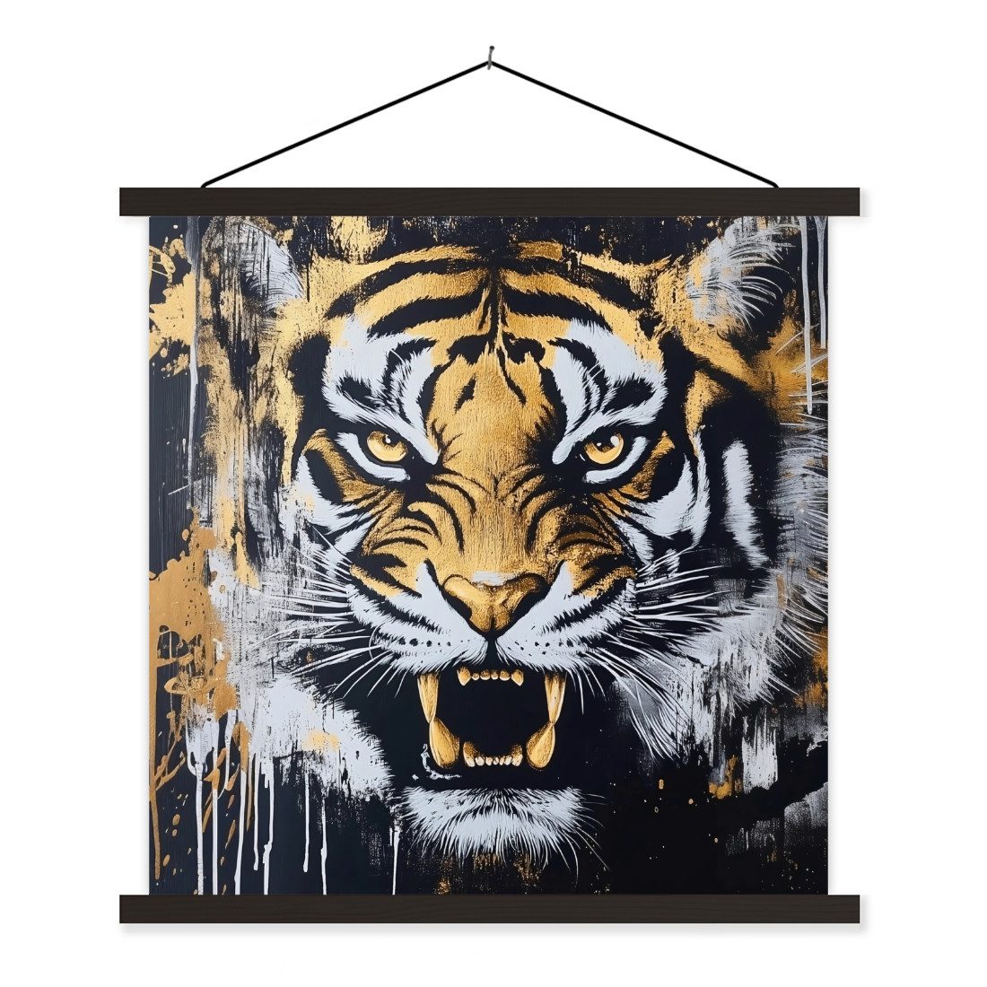 MuchoWow Poster Tiger - Farbspritzer - Gold, (1 St), Magnetische Posterleiste, Holzleisten, Textilposter, 60x60 cm