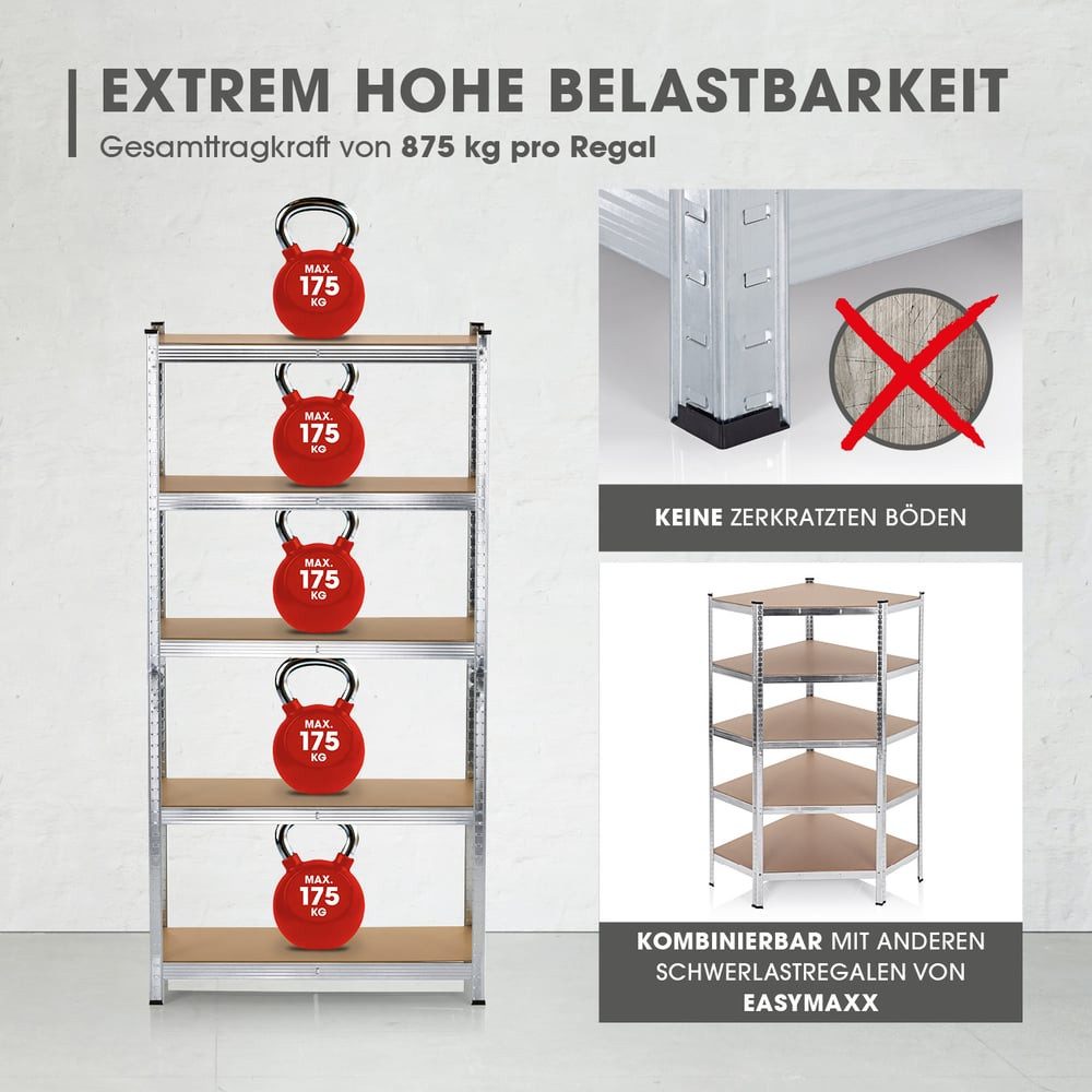 EASYmaxx Schwerlastregal 180x90x40 cm, 875 kg Traglast, 175 kg pro Ebene, 1-tlg., Regal und Werkbank, Kellerregal Lagerregal, 5 verstellbare Ablagen
