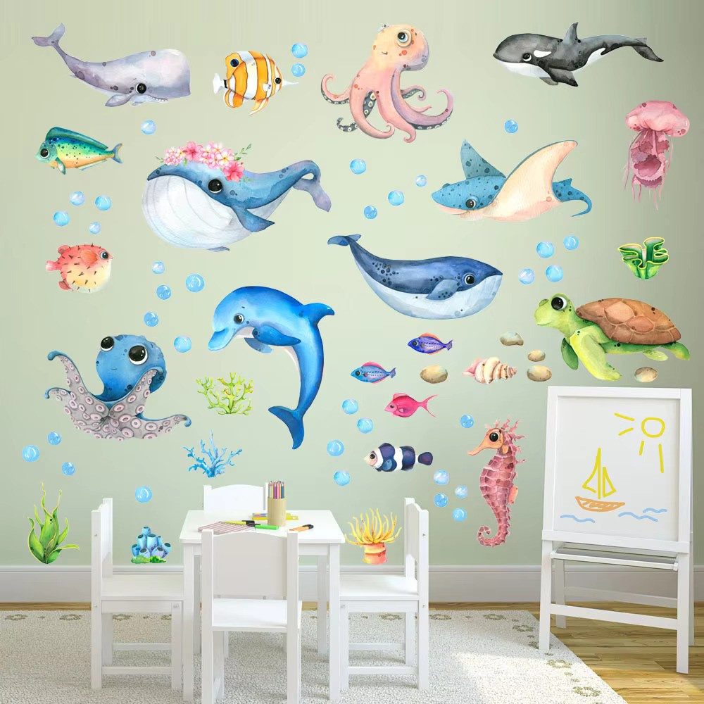 Montegoni Wandtattoo Wandtattoo Unterwasserwelt Oktopus Meeresschildkröte Fische (4 St) (21x30cmX4PCS Marine Life Wandaufkleber für Kinderzimmer), Kinder Wandsticker Marine Life