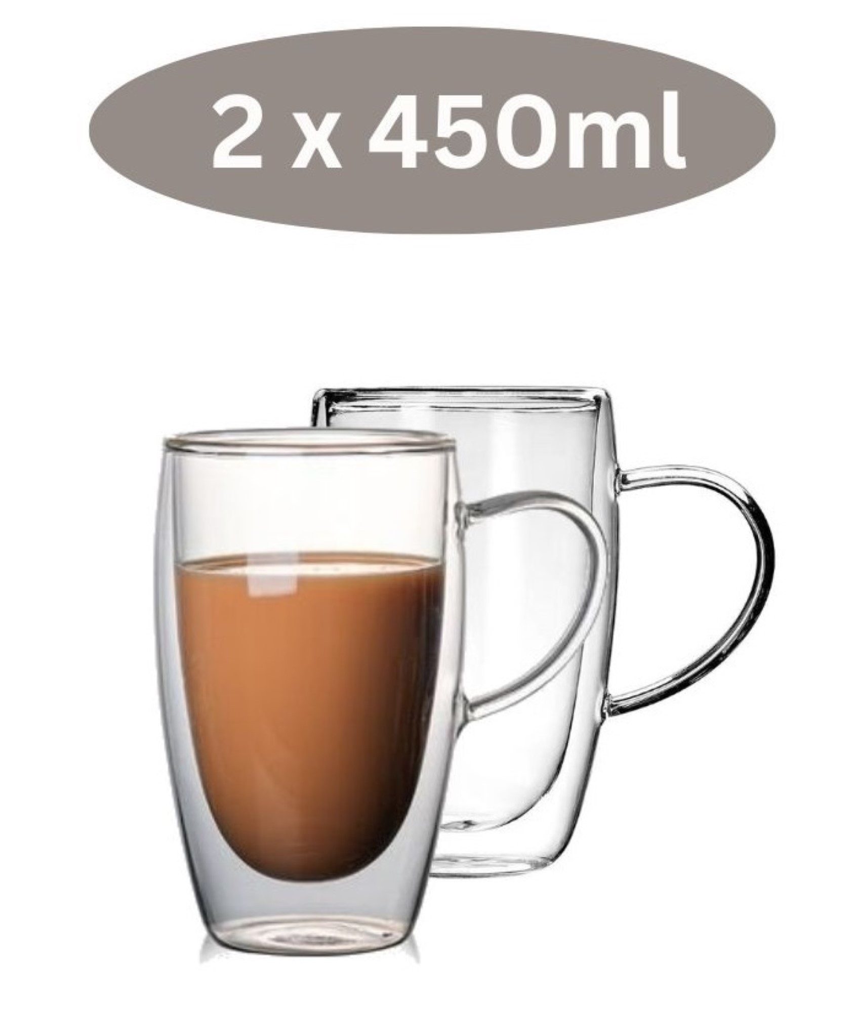 Cheffinger Thermoglas 2er Set Doppelwandige Gläser mit Henkel Teegläser Thermogläser