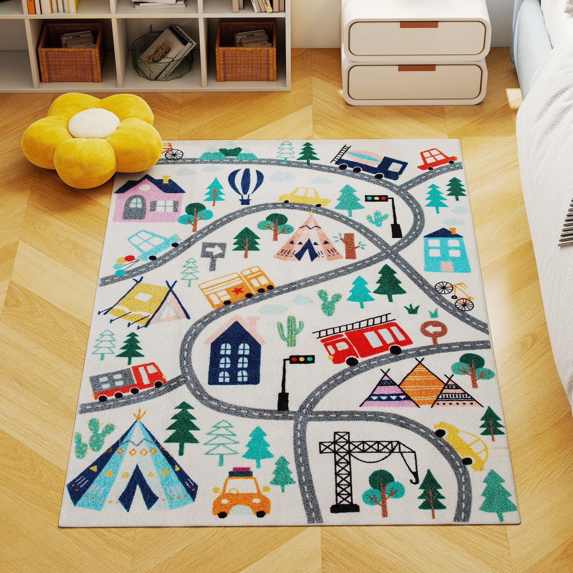 FELIXLEO Kinderteppich Teppich mit Autobahn Muster, weißer Hintergrund, weiches Fleece, Bunt