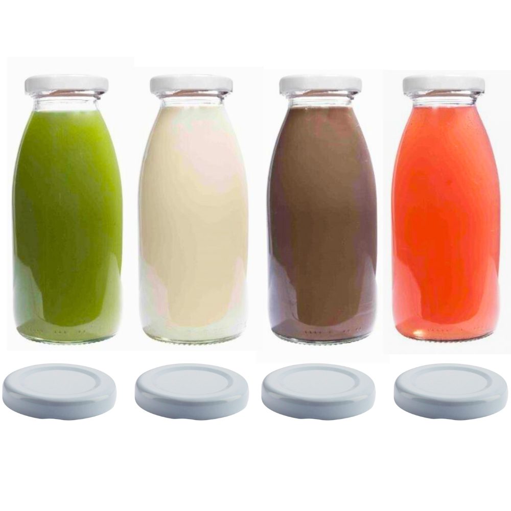 mikken Trinkflasche 4x Milchflasche 250 ml mit Schraubdeckel plus 4 Ersatzdeckel, Inhalt 250 ml, große Öffnung