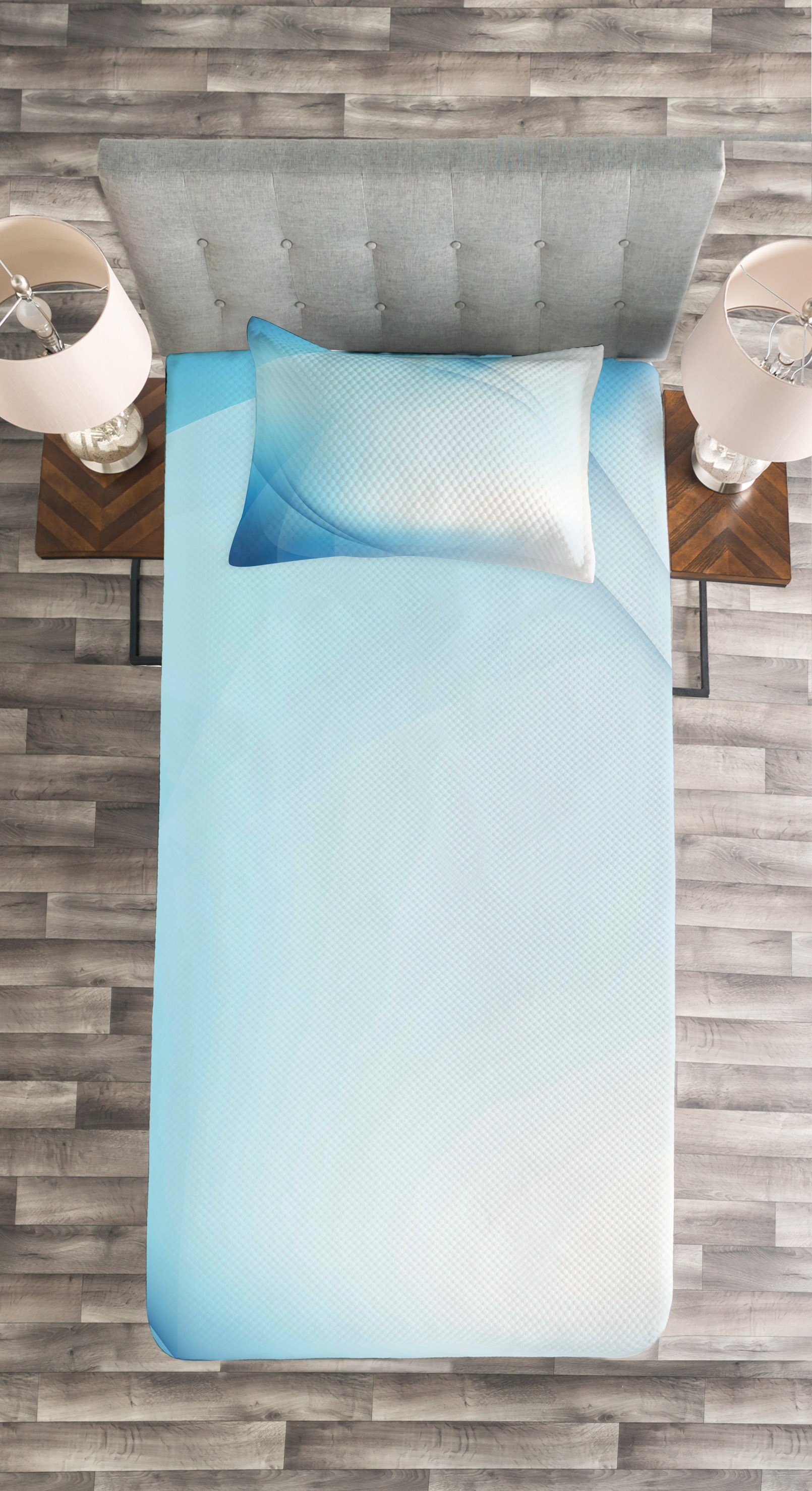 Tagesdecke mit Kissenbezügen Waschbar, Moderne Strahleneffekt Blau Abstrakt Abakuhaus, Set