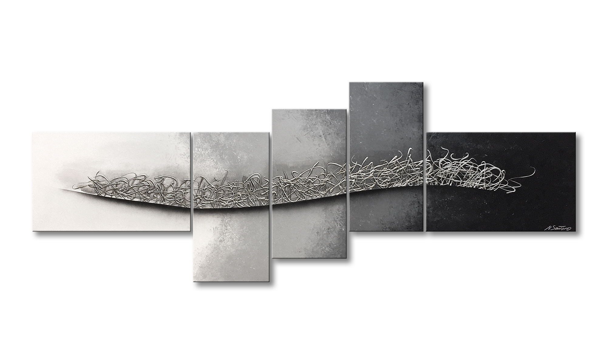 WandbilderXXL XXL-Wandbild Flowing Silver 210 x 80 cm, Abstraktes Gemälde, handgemaltes Unikat