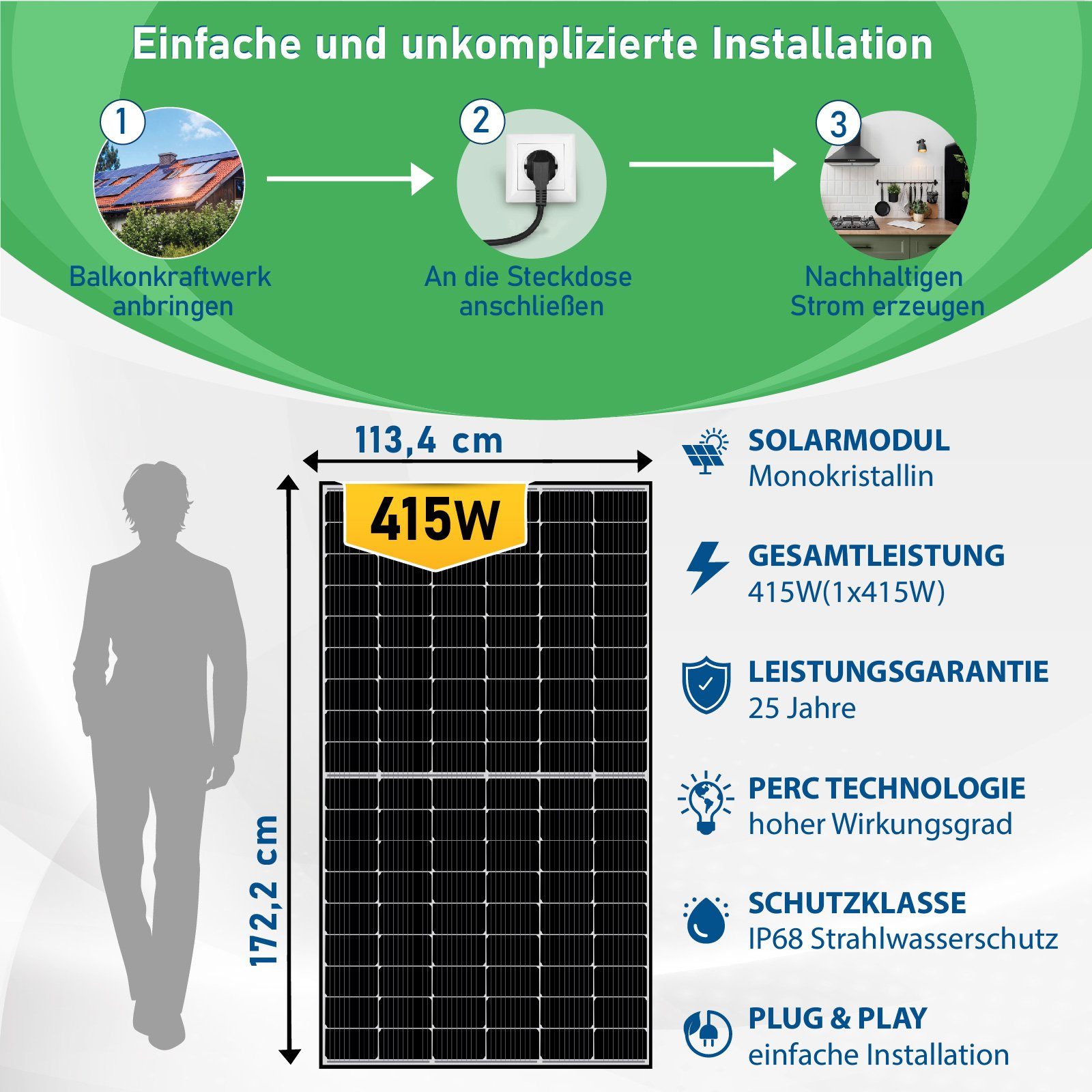 Campergold Solaranlage Balkonkraftwerk Mini-PV Monokristallin, PERC Balkon Wechselrichter, Plug (Komplettset Haus, 300W Ihr Frame mit Hoymiles Technologie genehmigungsfrei 415W Anlage, & Solarpanel Solarmodul, Photovoltaik Play) Wasserdichtigkeitsklasse, für Black Steckerfertig