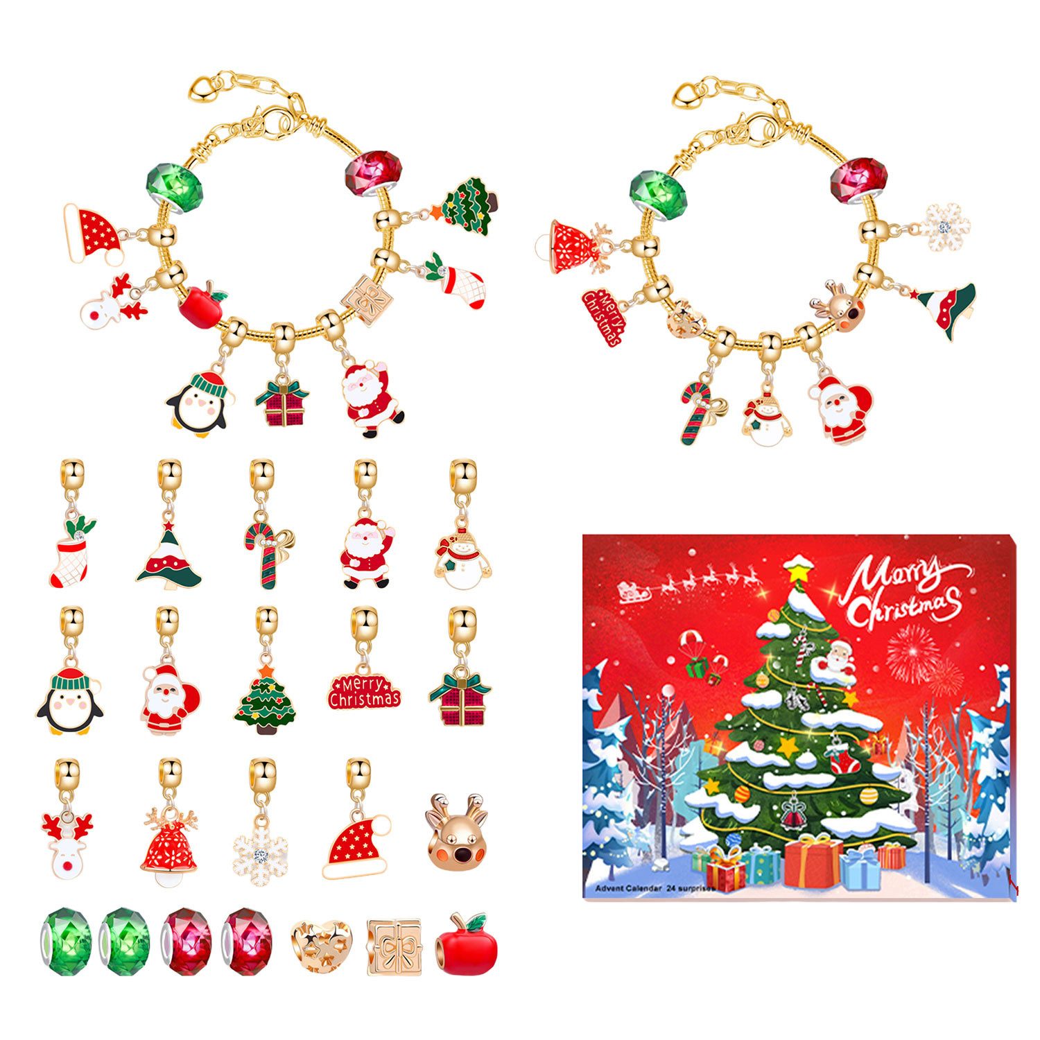 Refttenw Adventskalender Weihnachtskalender Schmuck Mädchen DIY Charm Armband Basteln, mit 22 Perlen und 2 Armbänder