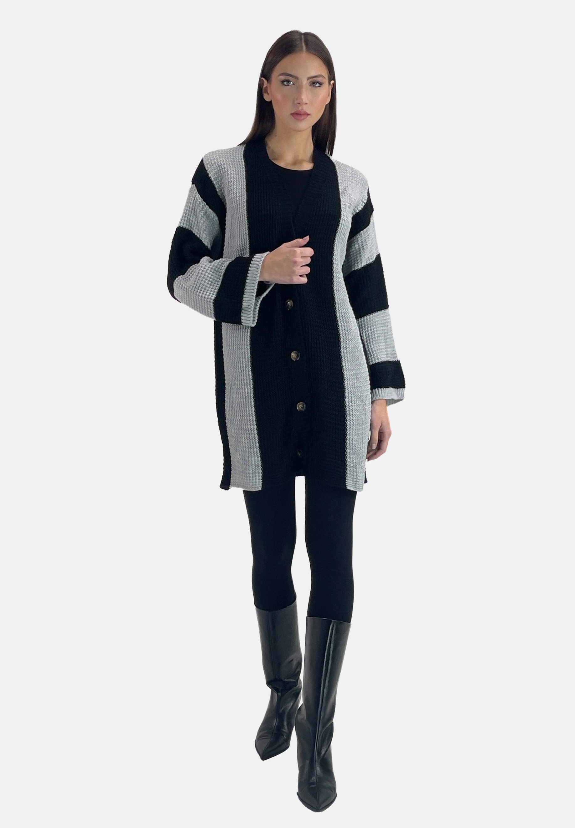Elara Cardigan — Damen Long Cardigan mit Streifen und durchgehender Knopfleiste