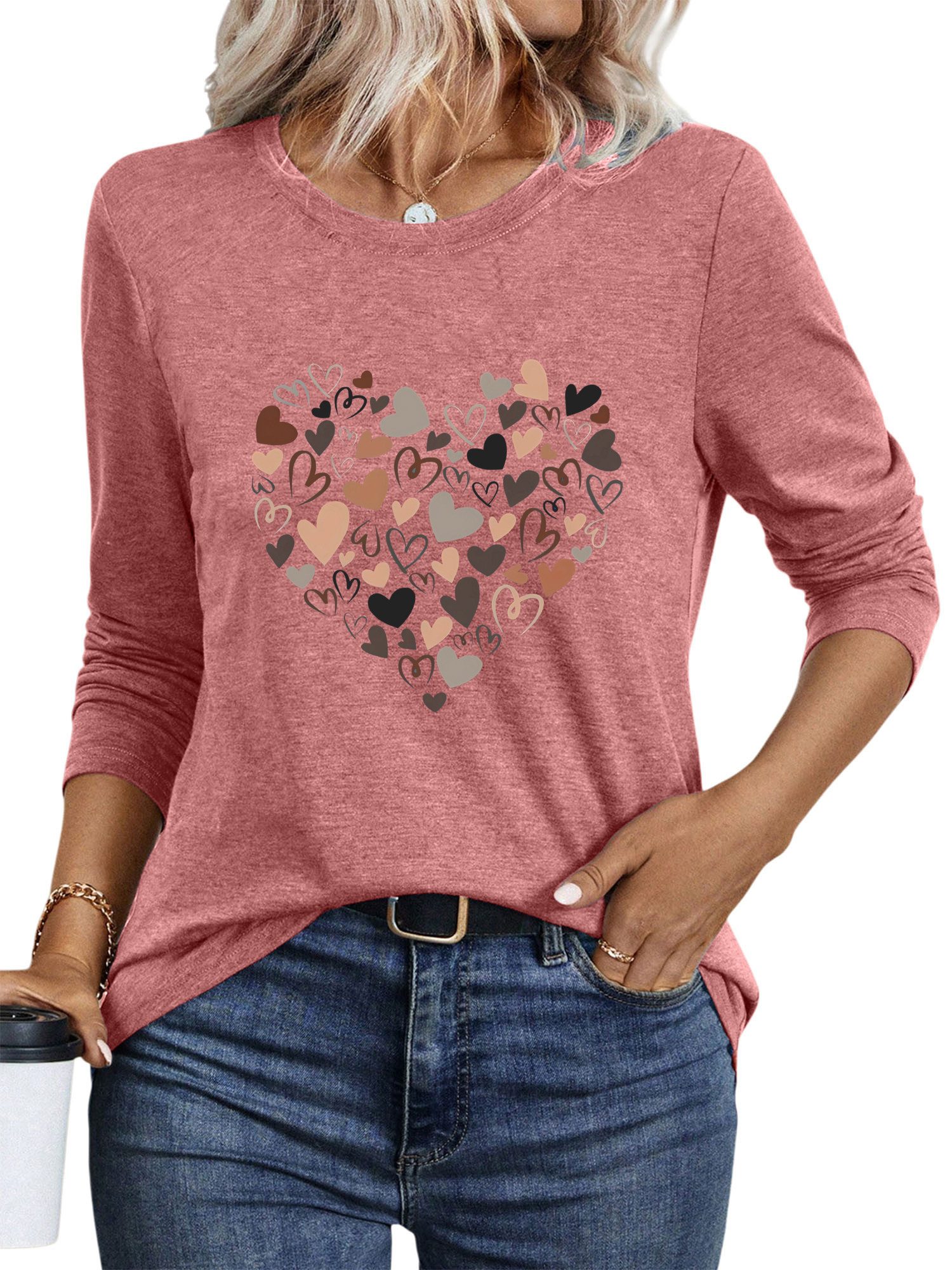 PYLIKE Rundhalsshirt Damen Casual Langarm mit Liebe Druck bequemes Rundhals günstig online kaufen