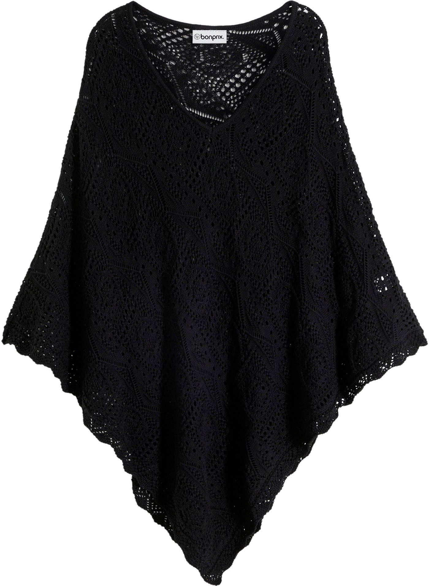 bonprix Strickponcho im Häkel-Look mit hohem Baumwollanteil, V-Ausschnitt, feminin, bequem